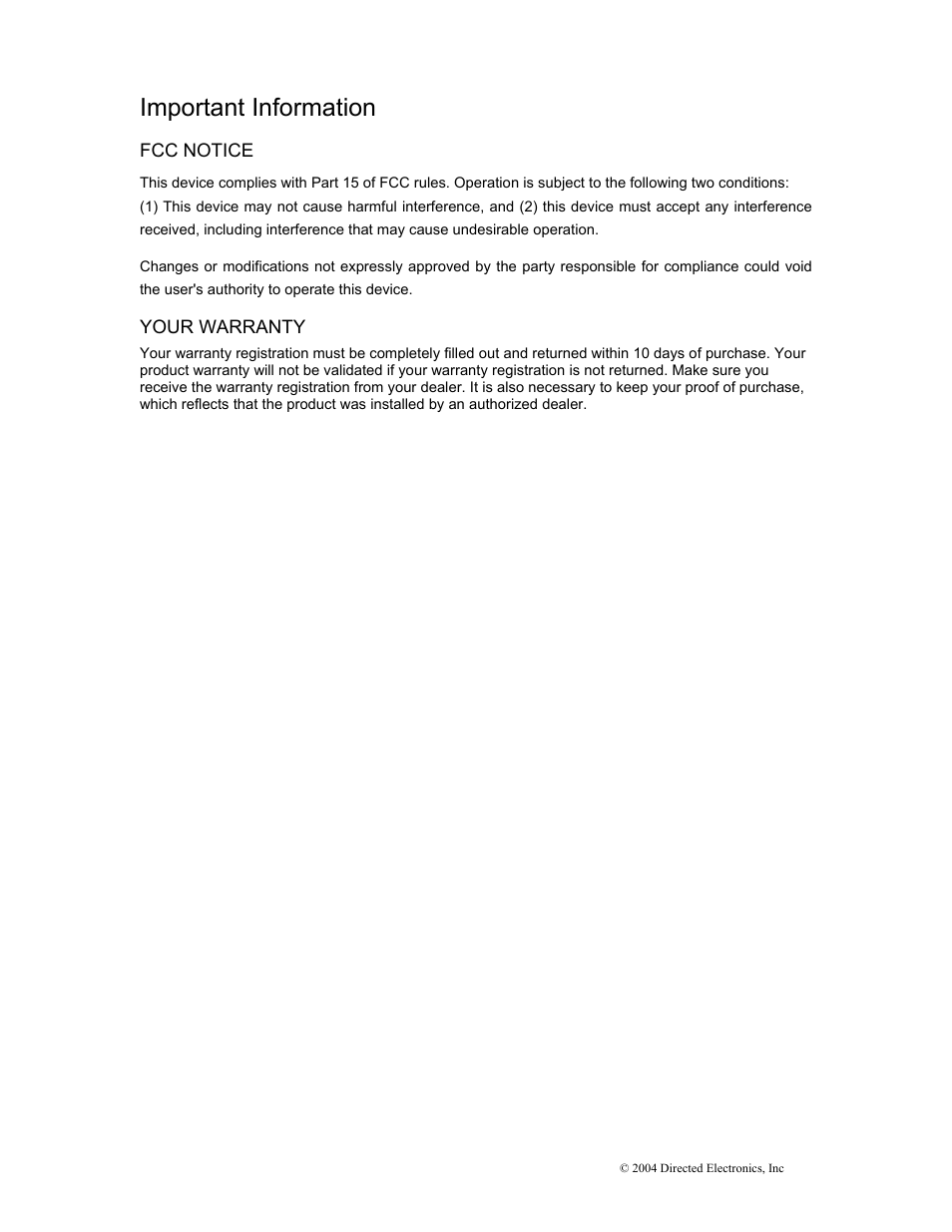 Important information | Directed Electronics OHD1502 User Manual | Page 4 / 27