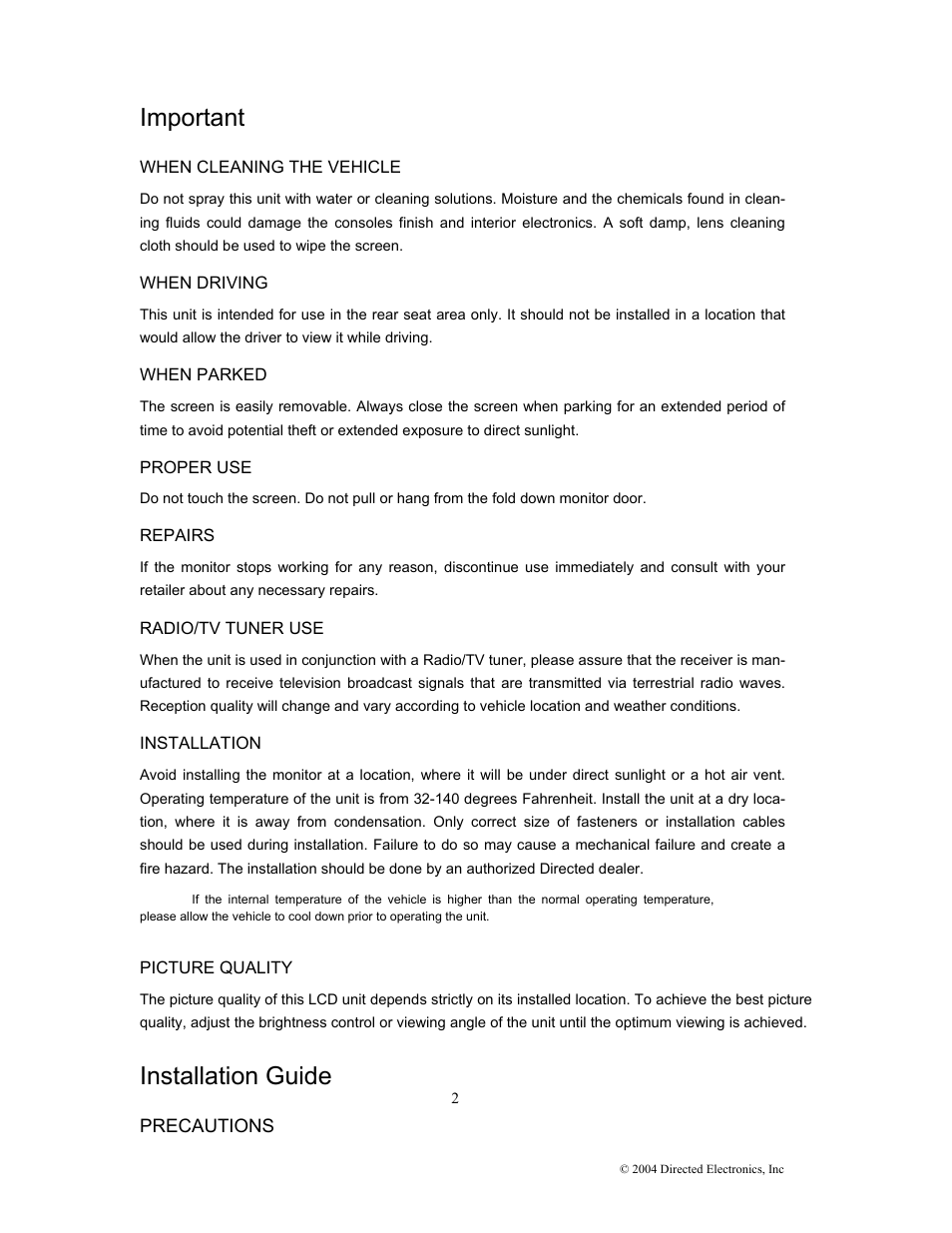 Important, Installation guide | Directed Electronics OHD1502 User Manual | Page 7 / 27