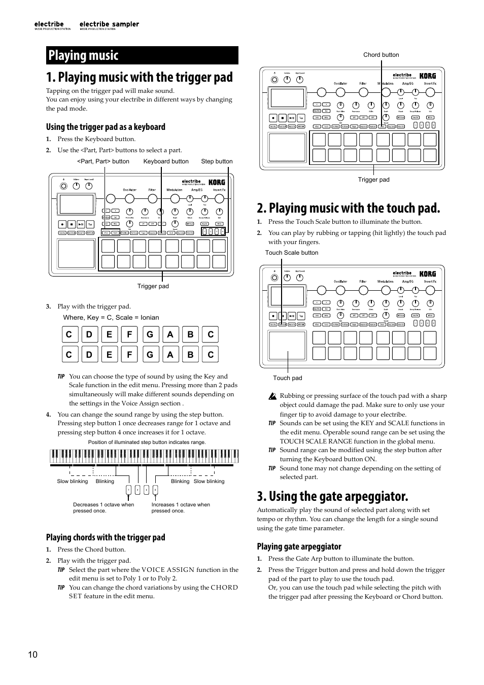 Playing music, Playing music with the trigger pad, Playing music with the touch pad | Using the gate arpeggiator, Using the trigger pad as a keyboard, Playing chords with the trigger pad, Playing gate arpeggiator | KORG Electribe Sampler Music Production Station with V2.0 Software (Red) User Manual | Page 10 / 112