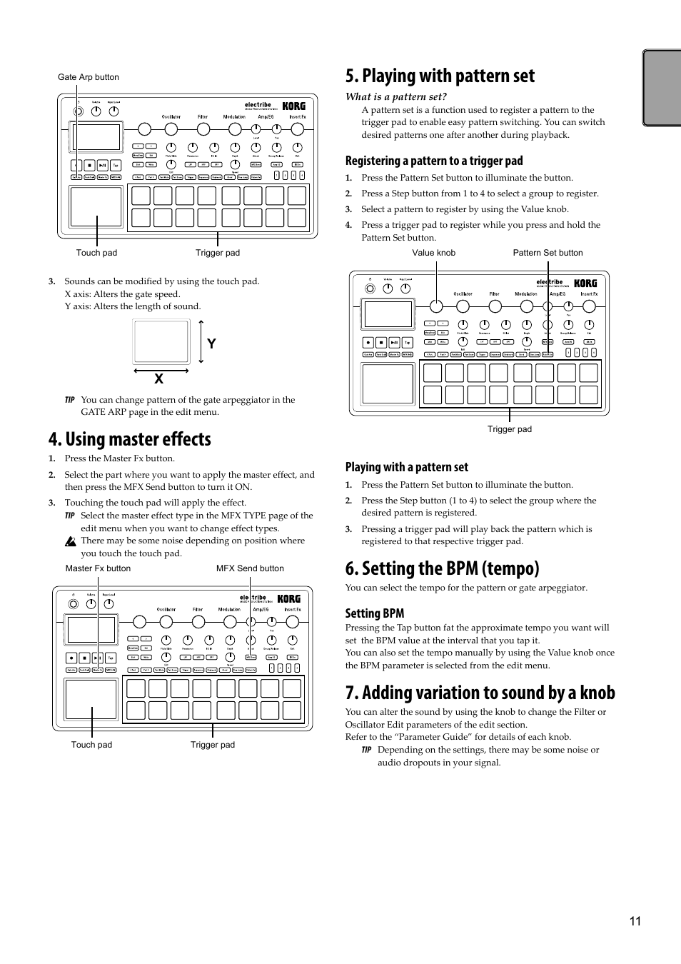 Using master effects, Playing with pattern set, Setting the bpm (tempo) | Adding variation to sound by a knob, Registering a pattern to a trigger pad, Playing with a pattern set, Setting bpm | KORG Electribe Sampler Music Production Station with V2.0 Software (Red) User Manual | Page 11 / 112
