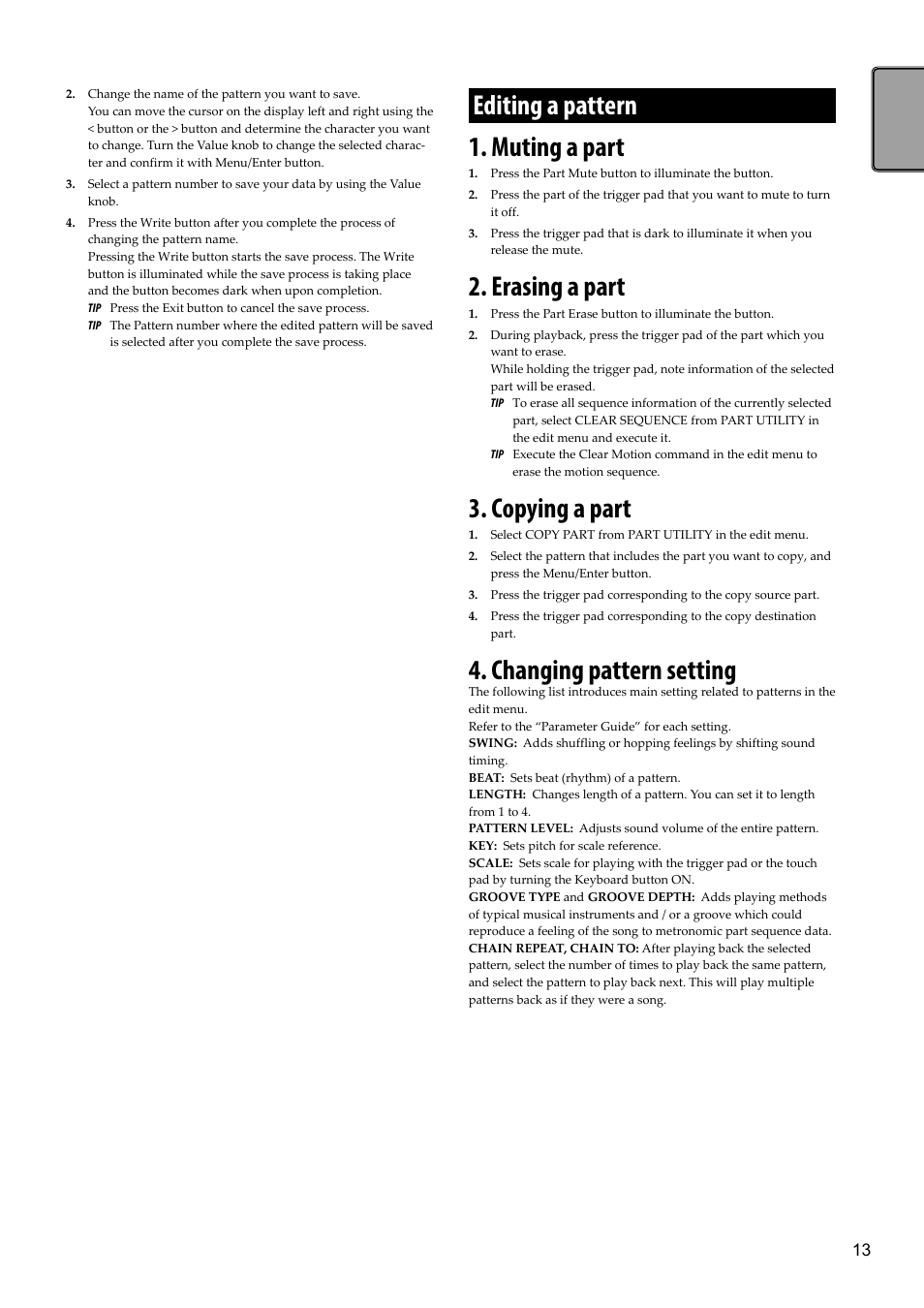 Editing a pattern, Muting a part, Erasing a part | Copying a part, Changing pattern setting, Editing a pattern 1. muting a part | KORG Electribe Sampler Music Production Station with V2.0 Software (Red) User Manual | Page 13 / 112