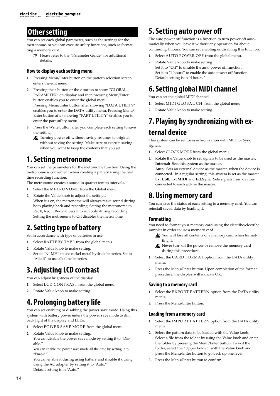 Other setting, Setting metronome, Setting type of battery | Adjusting lcd contrast, Prolonging battery life, Setting auto power off, Setting global midi channel, Playing by synchronizing with external device, Using memory card, P.14: 4. prolonging battery life) | KORG Electribe Sampler Music Production Station with V2.0 Software (Red) User Manual | Page 14 / 112