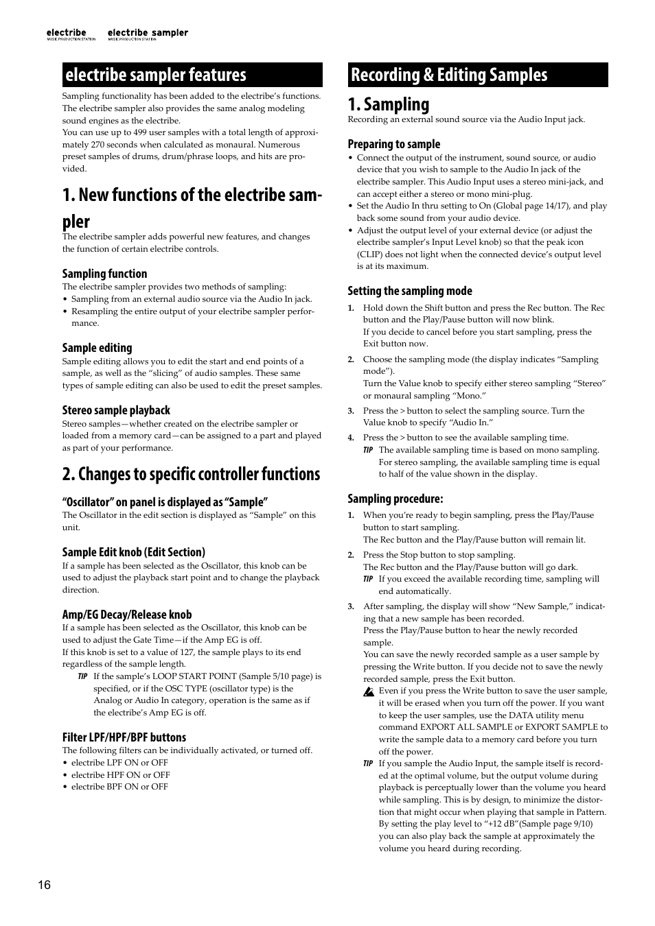 Electribe sampler features, New functions of the electribe sampler, Changes to specific controller functions | Recording & editing samples, Sampling, Refer to “electribe sampler features, P. 16) and “recording, Editing samples, P. 16), New functions of the electribe sam- pler | KORG Electribe Sampler Music Production Station with V2.0 Software (Red) User Manual | Page 16 / 112