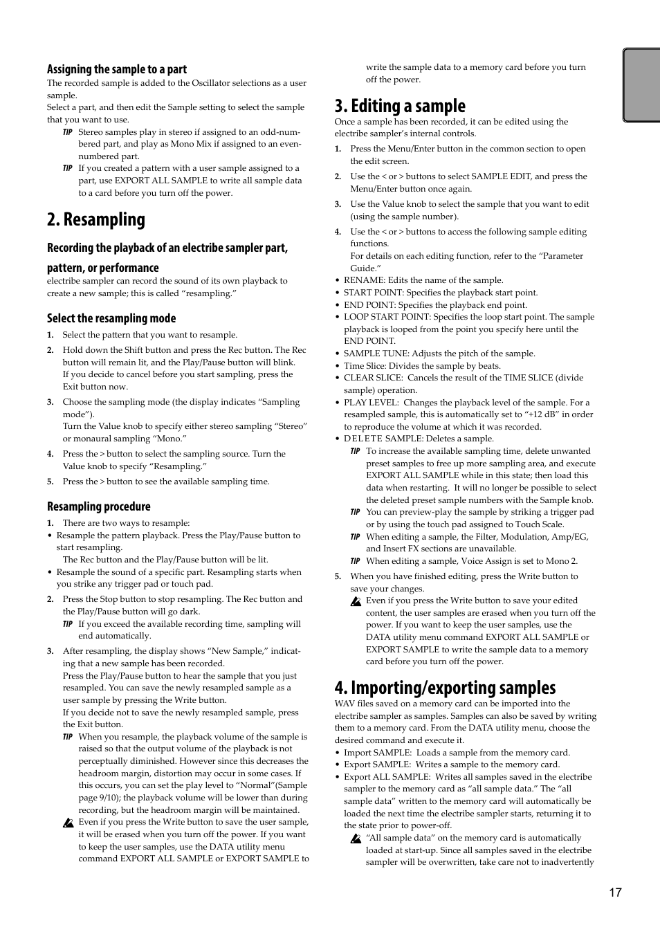 Resampling, Editing a sample, Importing/exporting samples | Assigning the sample to a part, Select the resampling mode, Resampling procedure | KORG Electribe Sampler Music Production Station with V2.0 Software (Red) User Manual | Page 17 / 112