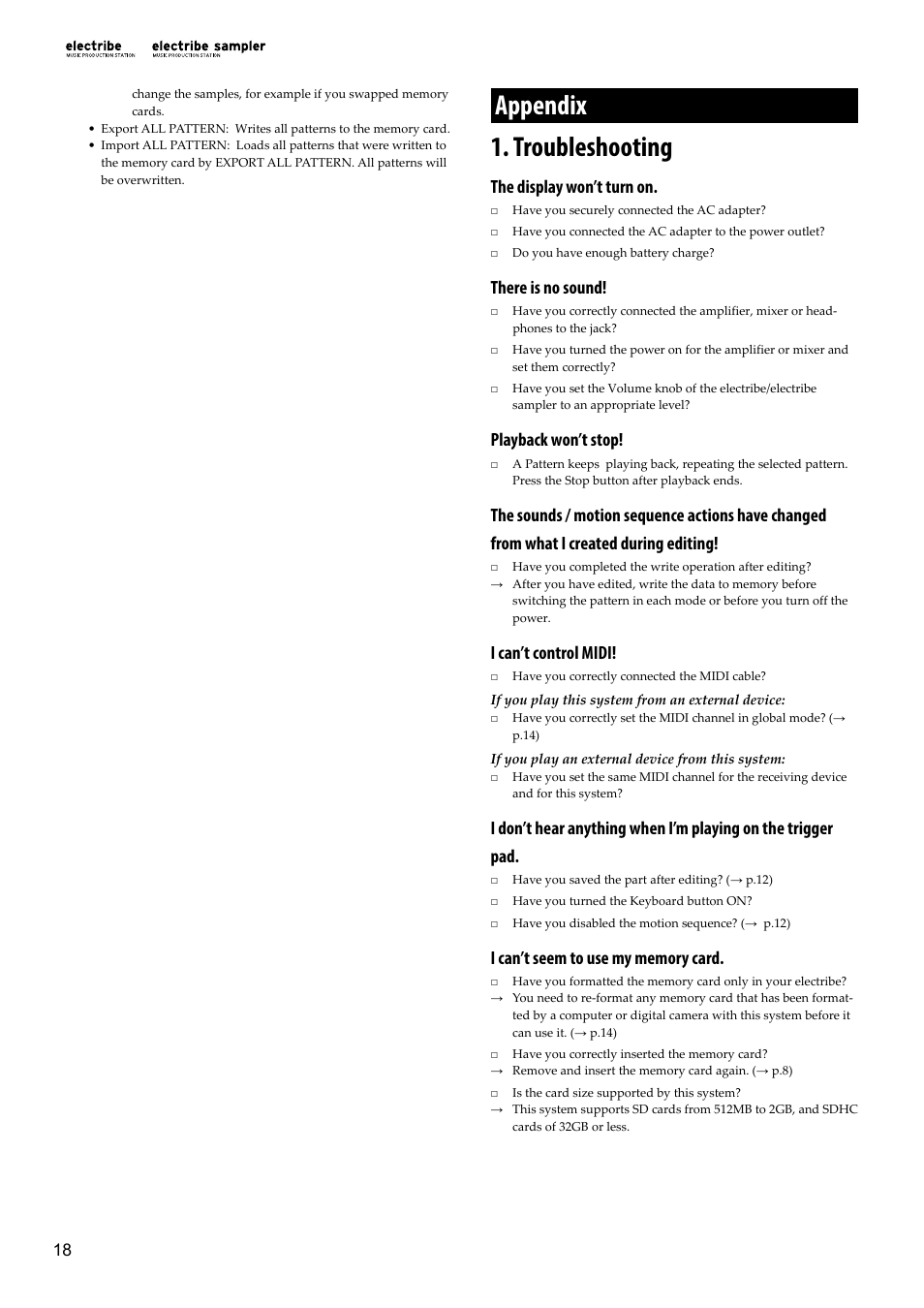 Appendix, Troubleshooting, Appendix 1. troubleshooting | The display won’t turn on, There is no sound, Playback won’t stop, I can’t control midi | KORG Electribe Sampler Music Production Station with V2.0 Software (Red) User Manual | Page 18 / 112