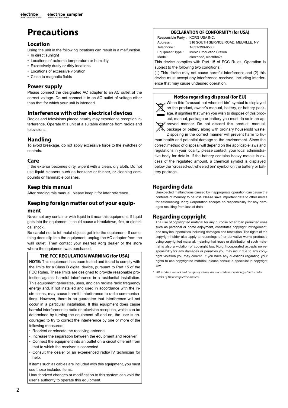 English, Precautions, Location | Power supply, Interference with other electrical devices, Handling, Care, Keep this manual, Keeping foreign matter out of your equip- ment, Regarding data | KORG Electribe Sampler Music Production Station with V2.0 Software (Red) User Manual | Page 2 / 112