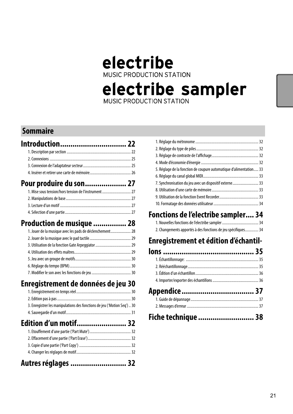 Sommaire, Fonctions de l’electribe sampler, Enregistrement et édition d’échantil- lons | Appendice, Fiche technique introduction, Pour produire du son, Production de musique, Enregistrement de données de jeu 30, Edition d’un motif, Autres réglages | KORG Electribe Sampler Music Production Station with V2.0 Software (Red) User Manual | Page 21 / 112