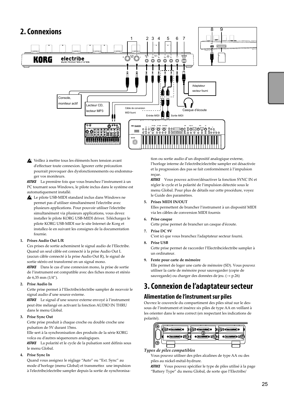 Connexions, Connexion de l’adaptateur secteur, Connexions 3. connexion de l’adaptateur secteur | Alimentation de l’instrument sur piles | KORG Electribe Sampler Music Production Station with V2.0 Software (Red) User Manual | Page 25 / 112