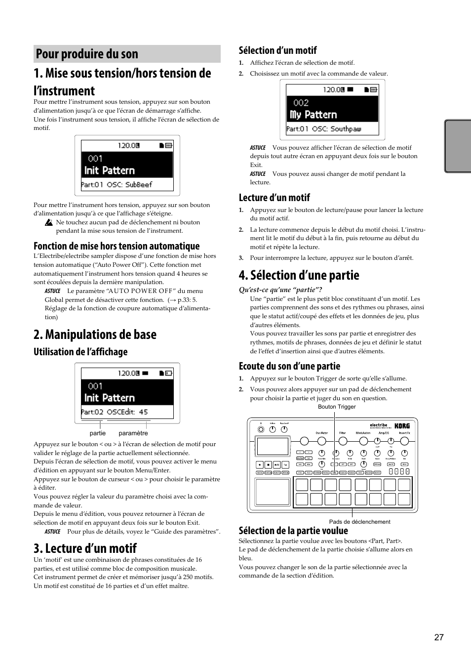 Pour produire du son, Mise sous tension/hors tension de l’instrument, Manipulations de base | Lecture d’un motif, Sélection d’une partie, Fonction de mise hors tension automatique, Utilisation de l’affichage, Sélection d’un motif, Ecoute du son d’une partie, Sélection de la partie voulue | KORG Electribe Sampler Music Production Station with V2.0 Software (Red) User Manual | Page 27 / 112