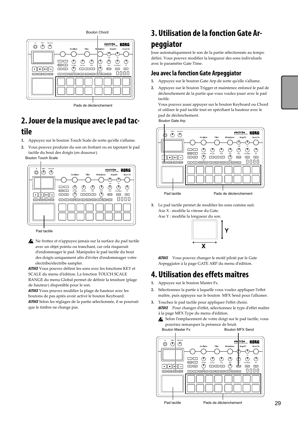Jouer de la musique avec le pad tactile, Utilisation de la fonction gate arpeggiator, Utilisation des effets maîtres | Jouer de la musique avec le pad tac- tile, Utilisation de la fonction gate ar- peggiator, Jeu avec la fonction gate arpeggiator | KORG Electribe Sampler Music Production Station with V2.0 Software (Red) User Manual | Page 29 / 112