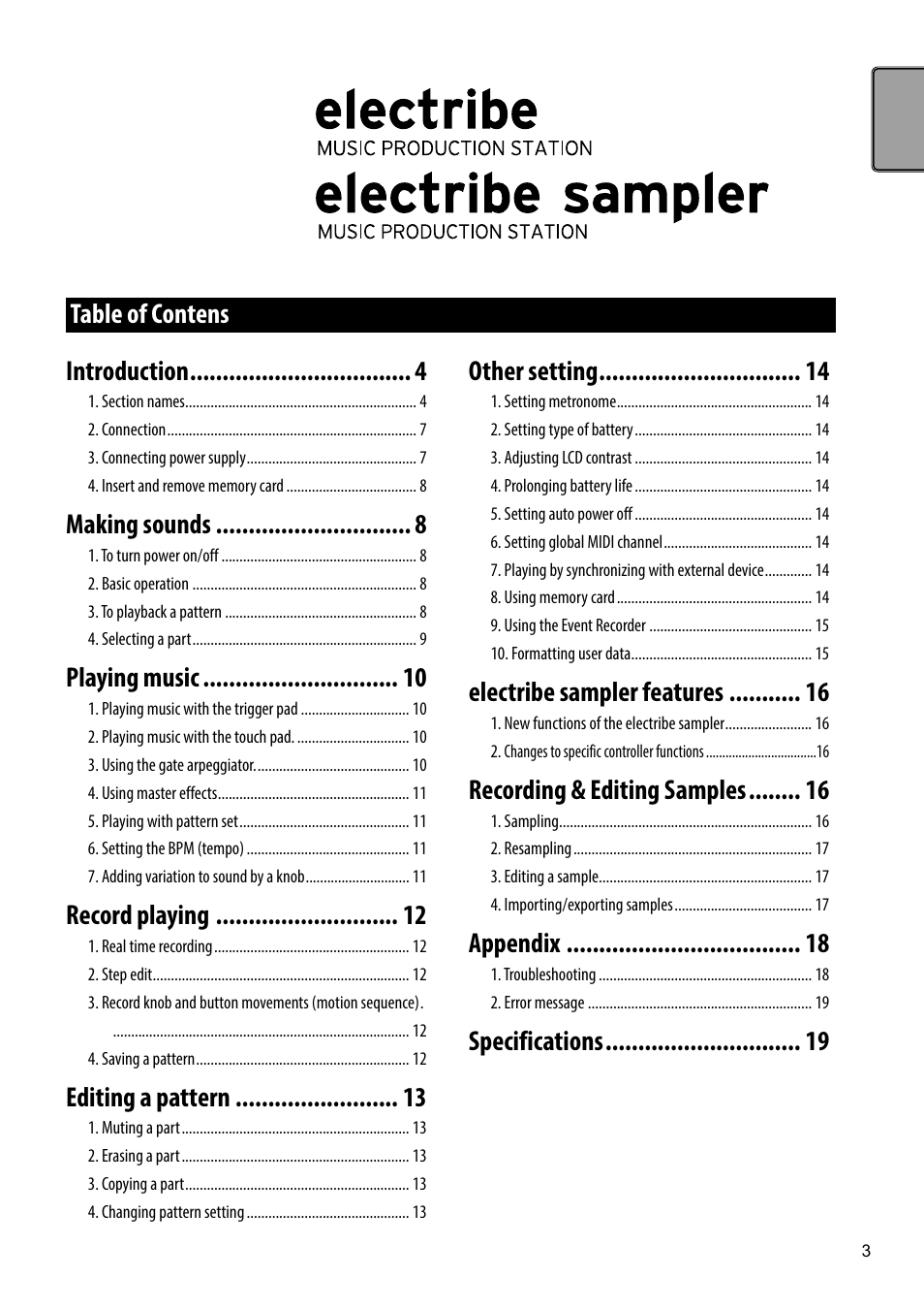 Table of contens, Table of contens other setting, Electribe sampler features | Recording & editing samples, Appendix, Specifications introduction, Making sounds, Playing music, Record playing, Editing a pattern | KORG Electribe Sampler Music Production Station with V2.0 Software (Red) User Manual | Page 3 / 112