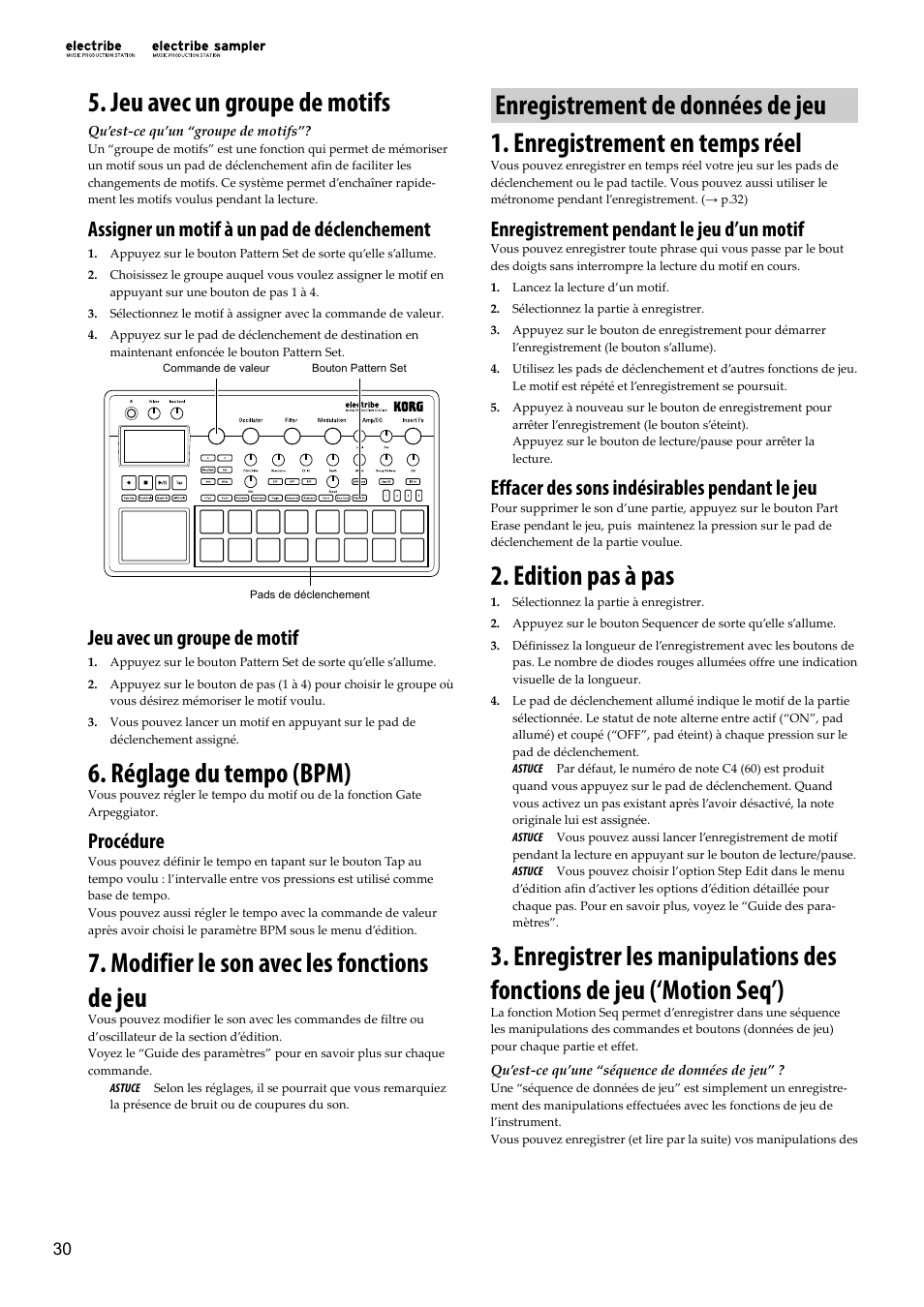 Jeu avec un groupe de motifs, Réglage du tempo (bpm), Modifier le son avec les fonctions de jeu | Enregistrement de données de jeu, Enregistrement en temps réel, Edition pas à pas, Enregistrement de données de jeu 30, Assigner un motif à un pad de déclenchement, Jeu avec un groupe de motif, Procédure | KORG Electribe Sampler Music Production Station with V2.0 Software (Red) User Manual | Page 30 / 112