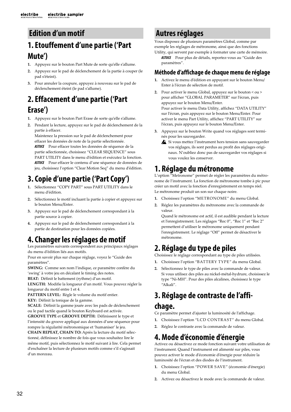 Edition d’un motif, Etouffement d’une partie (‘part mute’), Effacement d’une partie (‘part erase’) | Copie d’une partie (‘part copy’), Changer les réglages de motif, Autres réglages, Réglage du métronome, Réglage du type de piles, Réglage de contraste de l’affichage, Mode d’économie d’énergie | KORG Electribe Sampler Music Production Station with V2.0 Software (Red) User Manual | Page 32 / 112