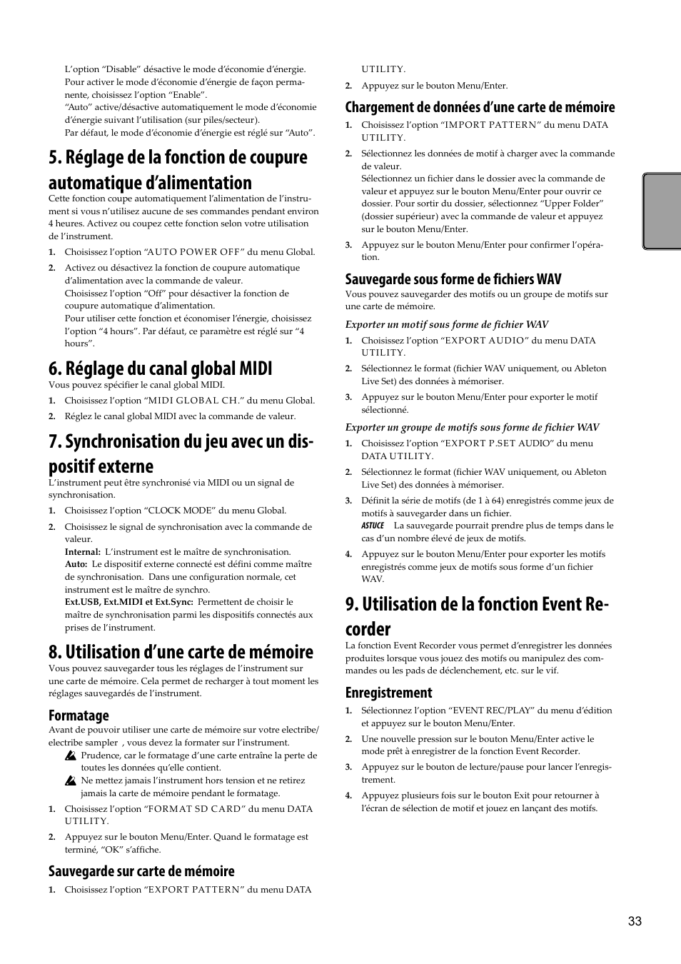 Réglage du canal global midi, Synchronisation du jeu avec un dispositif externe, Utilisation d’une carte de mémoire | Utilisation de la fonction event recorder, Utilisation de la fonction event re- corder, Formatage, Sauvegarde sur carte de mémoire, Chargement de données d’une carte de mémoire, Sauvegarde sous forme de fichiers wav, Enregistrement | KORG Electribe Sampler Music Production Station with V2.0 Software (Red) User Manual | Page 33 / 112