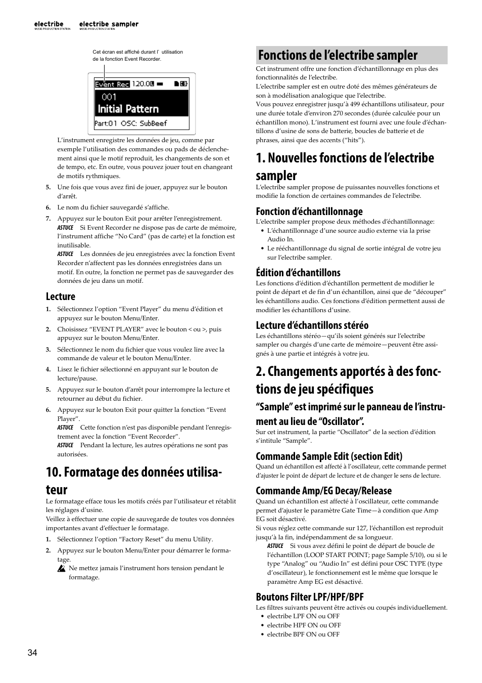 Formatage des données utilisateur, Fonctions de l’electribe sampler, Nouvelles fonctions de l’electribe sampler | P. 34) et “enregistrement et édition d, Formatage des données utilisa- teur, Lecture, Fonction d’échantillonnage, Édition d’échantillons, Lecture d’échantillons stéréo, Commande amp/eg decay/release | KORG Electribe Sampler Music Production Station with V2.0 Software (Red) User Manual | Page 34 / 112