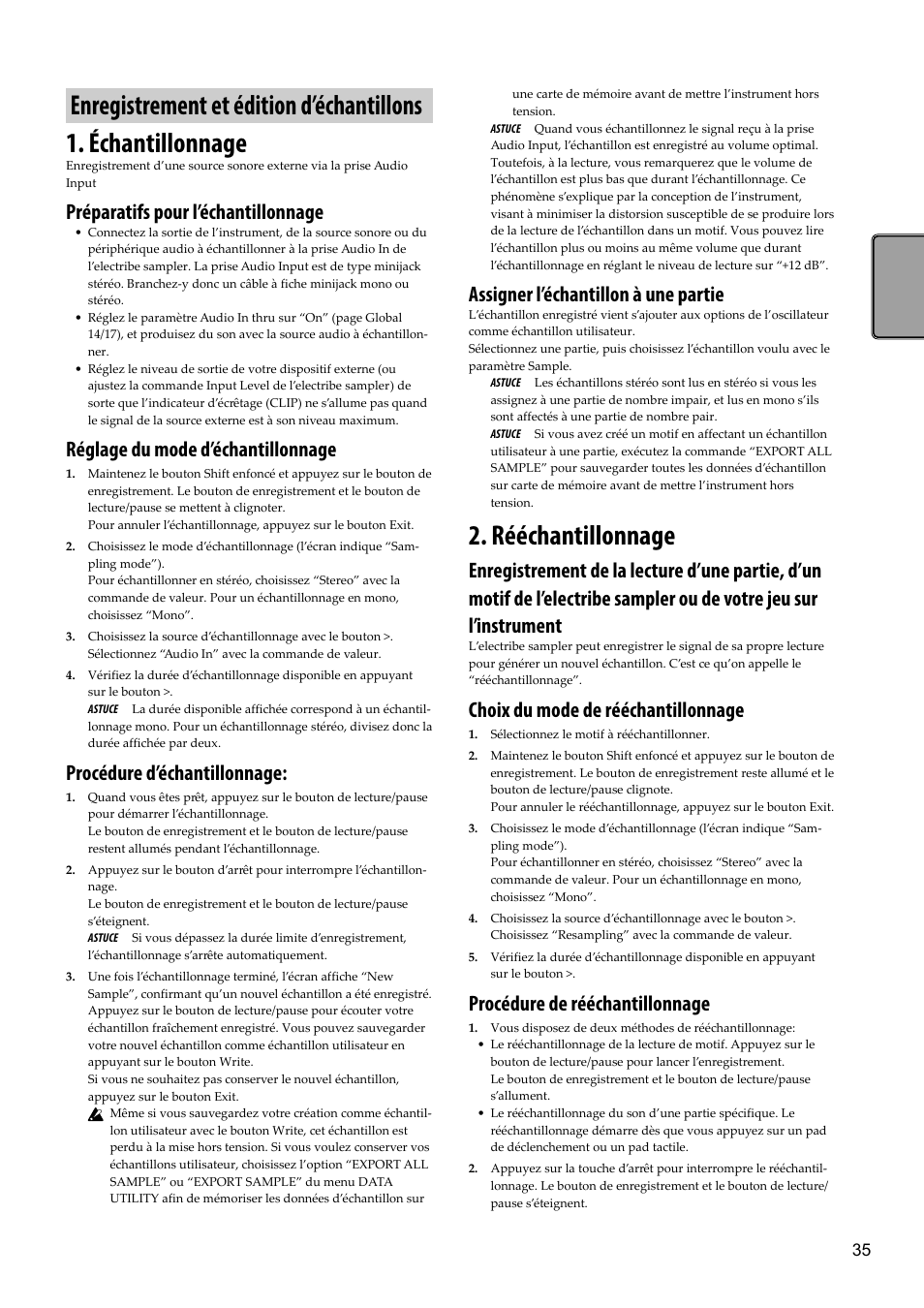 Enregistrement et édition d’échantillons, Échantillonnage, Rééchantillonnage | Enregistrement et édition d’échantil- lons, Échantillonnage: 2. rééchantillonnage, Échantillons, P. 35), Préparatifs pour l’échantillonnage, Réglage du mode d’échantillonnage, Procédure d’échantillonnage | KORG Electribe Sampler Music Production Station with V2.0 Software (Red) User Manual | Page 35 / 112