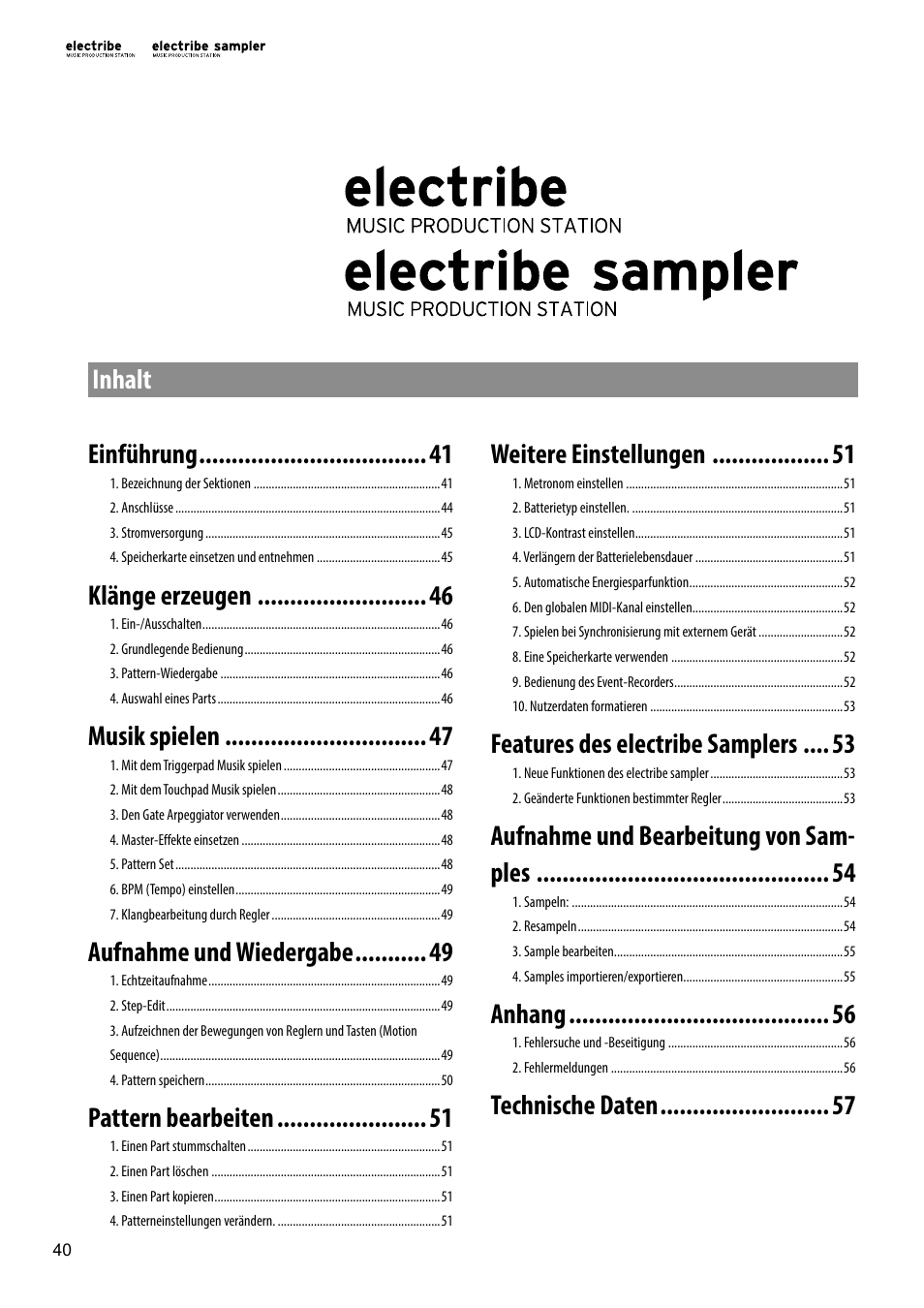 Inhalt, Inhalt weitere einstellungen, Features des electribe samplers | Aufnahme und bearbeitung von sam- ples, Anhang, Technische daten einführung, Klänge erzeugen, Musik spielen, Aufnahme und wiedergabe, Pattern bearbeiten | KORG Electribe Sampler Music Production Station with V2.0 Software (Red) User Manual | Page 40 / 112