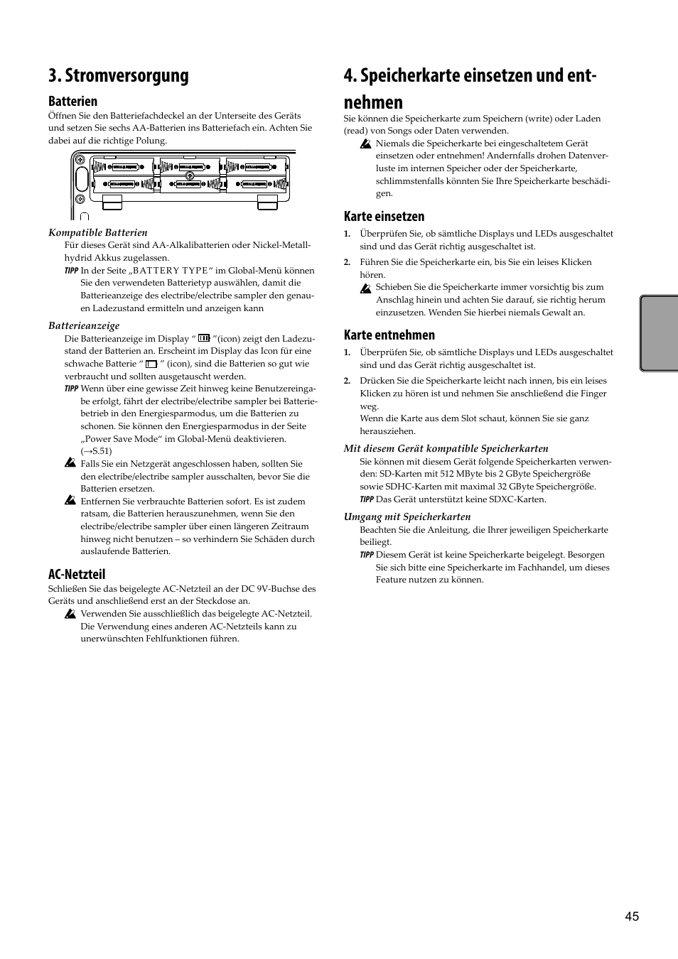 Stromversorgung, Speicherkarte einsetzen und entnehmen, Speicherkarte einsetzen und ent- nehmen | Batterien, Ac-netzteil, Karte einsetzen, Karte entnehmen | KORG Electribe Sampler Music Production Station with V2.0 Software (Red) User Manual | Page 45 / 112
