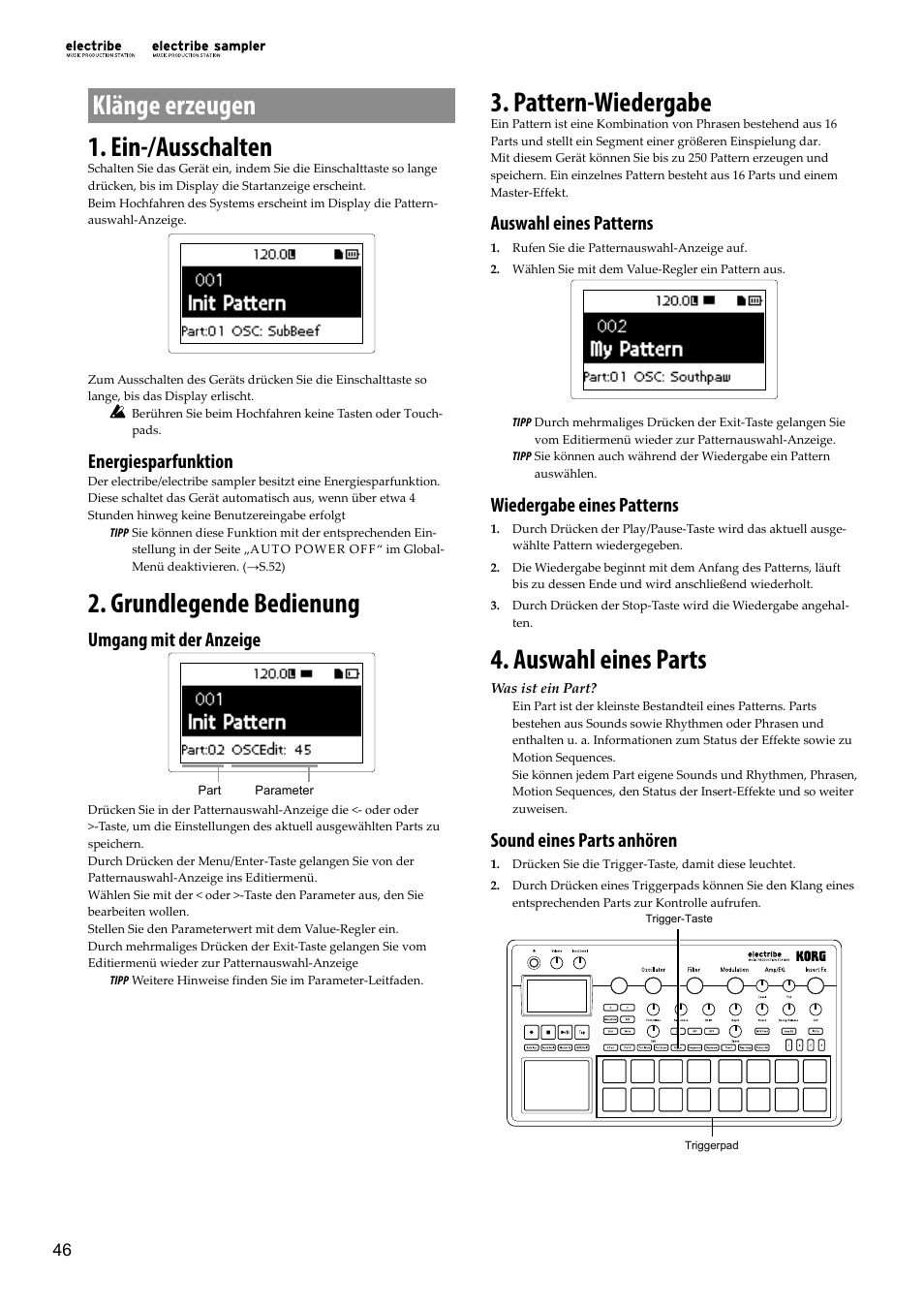 Klänge erzeugen, Ein-/ausschalten, Grundlegende bedienung | Pattern-wiedergabe, Auswahl eines parts, Klänge erzeugen 1. ein-/ausschalten, Energiesparfunktion, Umgang mit der anzeige, Auswahl eines patterns, Wiedergabe eines patterns | KORG Electribe Sampler Music Production Station with V2.0 Software (Red) User Manual | Page 46 / 112