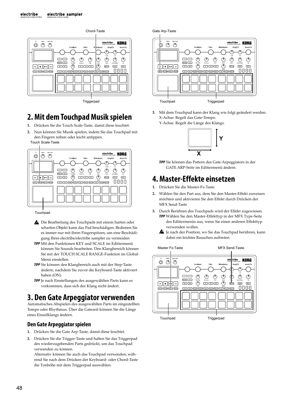 Mit dem touchpad musik spielen, Den gate arpeggiator verwenden, Master-effekte einsetzen | Pattern set, Den gate arpeggiator spielen | KORG Electribe Sampler Music Production Station with V2.0 Software (Red) User Manual | Page 48 / 112
