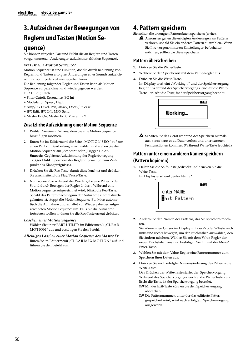 Pattern speichern, Zusätzliche aufzeichnung einer motion sequence, Pattern überschreiben | KORG Electribe Sampler Music Production Station with V2.0 Software (Red) User Manual | Page 50 / 112