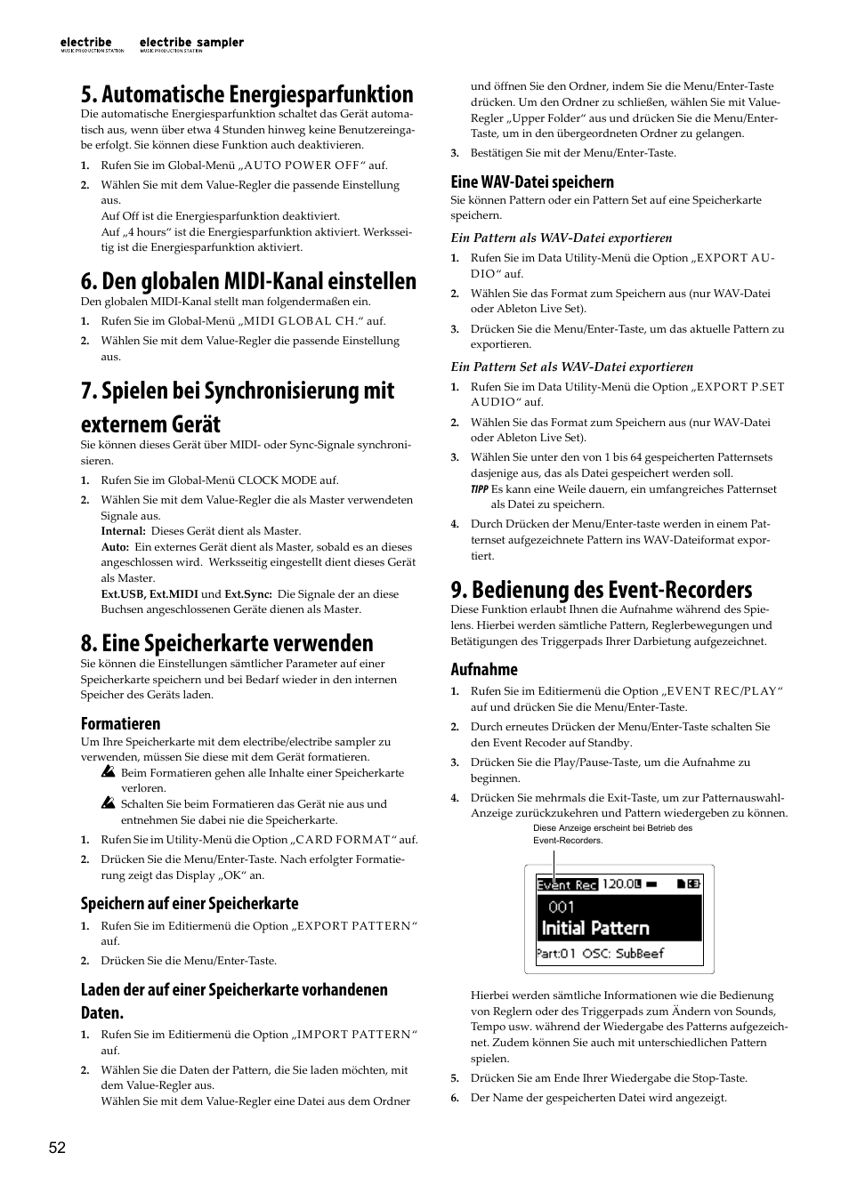 Automatische energiesparfunktion, Den globalen midi-kanal einstellen, Spielen bei synchronisierung mit externem gerät | Eine speicherkarte verwenden, Bedienung des event-recorders, Formatieren, Speichern auf einer speicherkarte, Eine wav-datei speichern, Aufnahme | KORG Electribe Sampler Music Production Station with V2.0 Software (Red) User Manual | Page 52 / 112