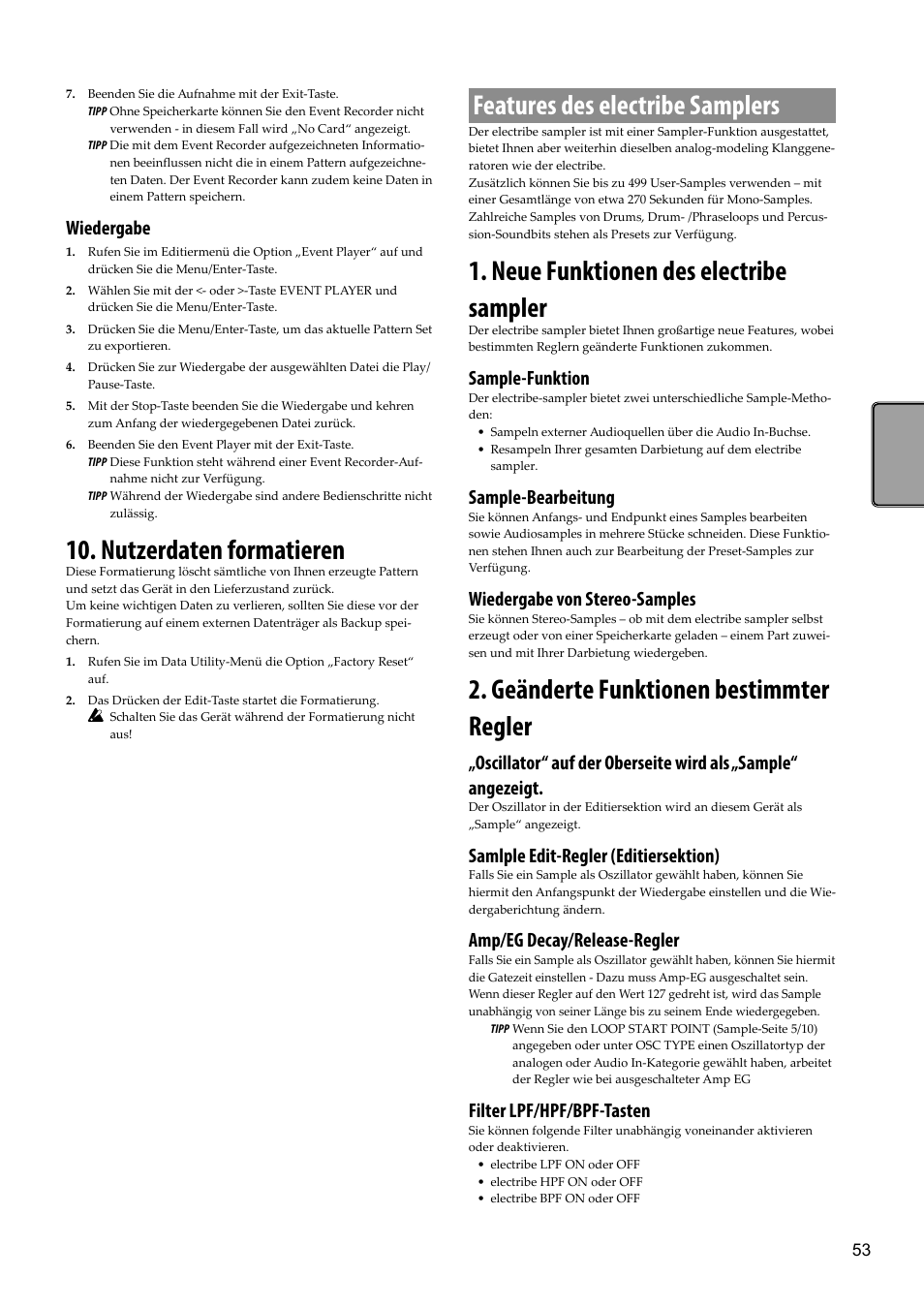 Nutzerdaten formatieren, Features des electribe samplers, Neue funktionen des electribe sampler | Geänderte funktionen bestimmter regler, S. 53) und „a, Wiedergabe, Sample-funktion, Sample-bearbeitung, Wiedergabe von stereo-samples, Samlple edit-regler (editiersektion) | KORG Electribe Sampler Music Production Station with V2.0 Software (Red) User Manual | Page 53 / 112