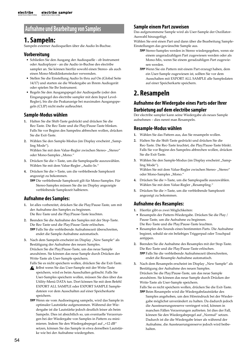 Aufnahme und bearbeitung von samples, Sampeln, Resampeln | Aufnahme und bearbeitung von sam- ples, Sampeln: 2. resampeln, Ufnahme und, Bearbeitung von samples, S. 54), Aufnahme und bearbeitung von samples 1. sampeln, Vorbereitung | KORG Electribe Sampler Music Production Station with V2.0 Software (Red) User Manual | Page 54 / 112