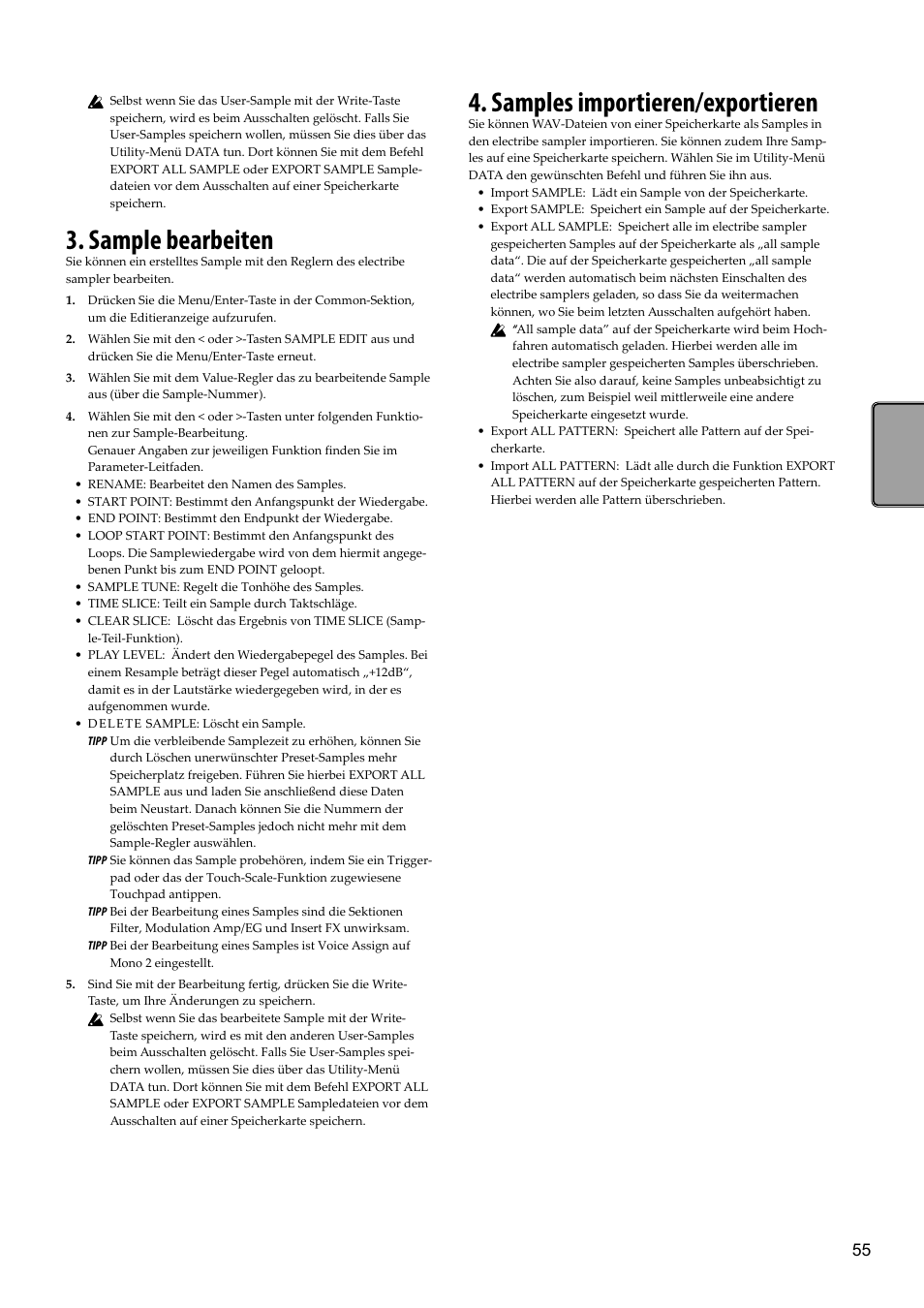 Sample bearbeiten, Samples importieren/exportieren | KORG Electribe Sampler Music Production Station with V2.0 Software (Red) User Manual | Page 55 / 112