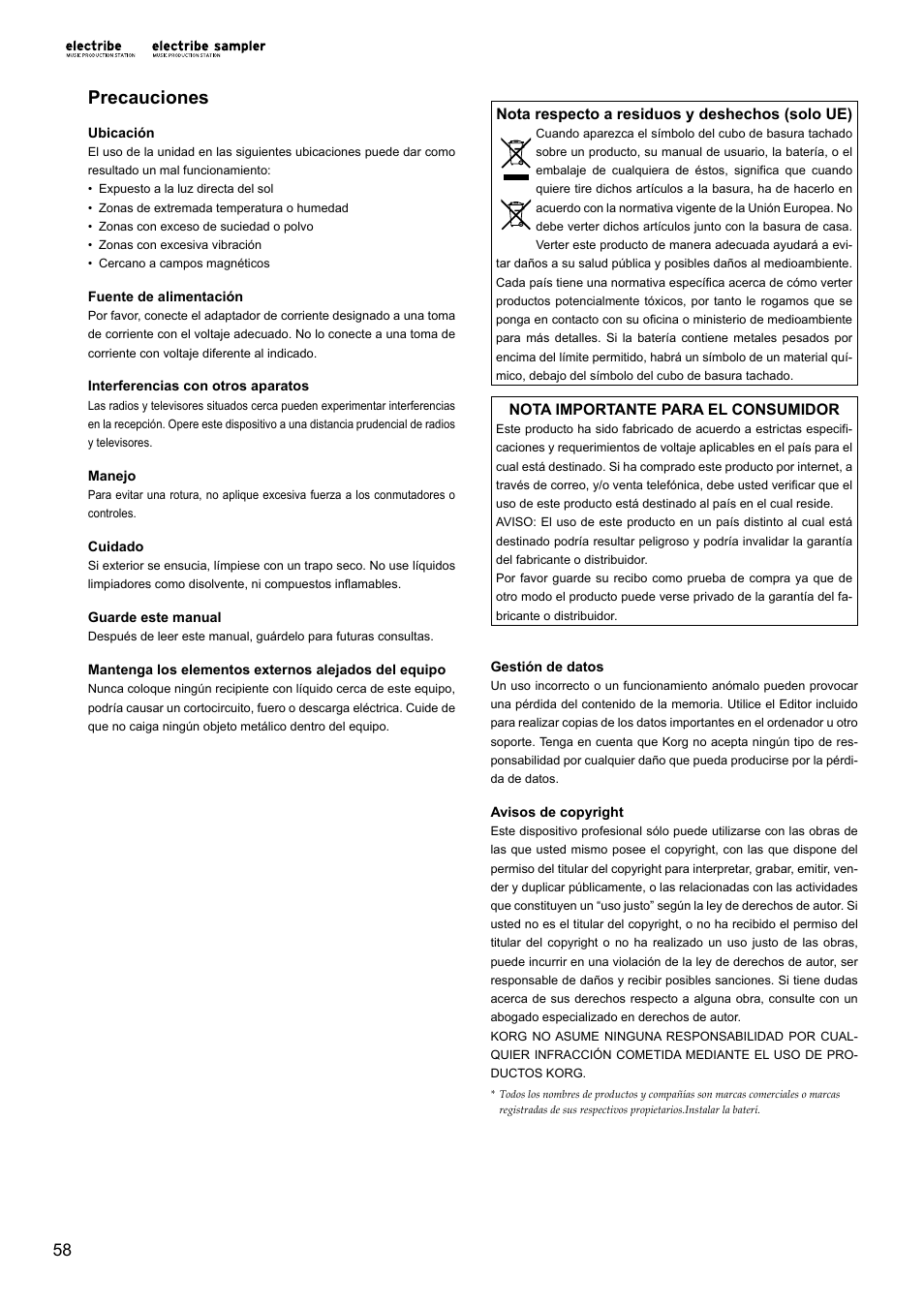 Español, Precauciones | KORG Electribe Sampler Music Production Station with V2.0 Software (Red) User Manual | Page 58 / 112