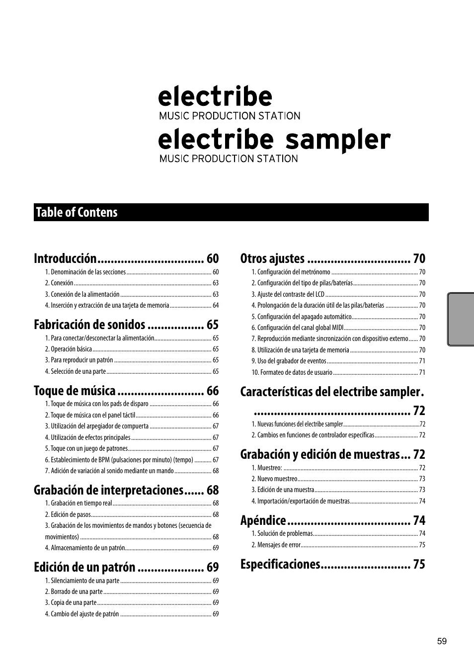 Table of contens, Table of contens otros ajustes, Características del electribe sampler | Grabación y edición de muestras, Apéndice, Especificaciones introducción, Fabricación de sonidos, Toque de música, Grabación de interpretaciones, Edición de un patrón | KORG Electribe Sampler Music Production Station with V2.0 Software (Red) User Manual | Page 59 / 112