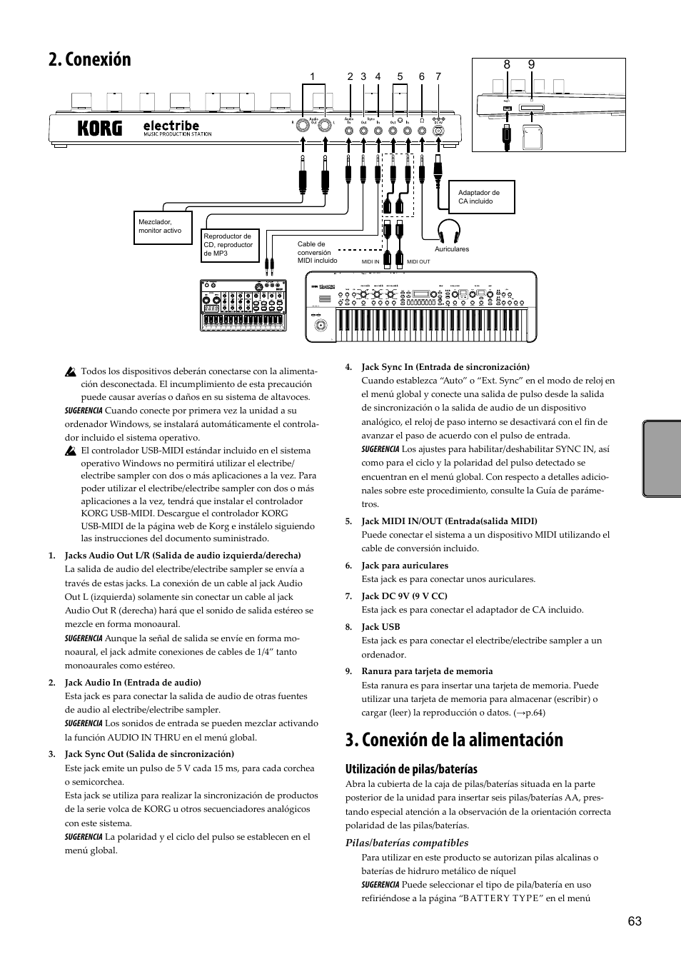 Conexión, Conexión de la alimentación, Conexión 3. conexión de la alimentación | Utilización de pilas/baterías, Pilas/baterías compatibles | KORG Electribe Sampler Music Production Station with V2.0 Software (Red) User Manual | Page 63 / 112