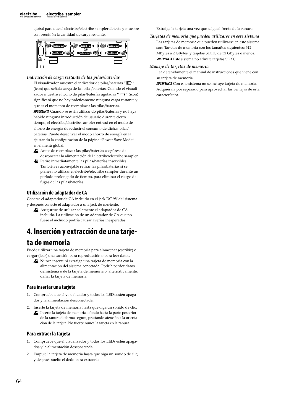 Inserción y extracción de una tarjeta de memoria, Utilización de adaptador de ca, Para insertar una tarjeta | Para extraer la tarjeta | KORG Electribe Sampler Music Production Station with V2.0 Software (Red) User Manual | Page 64 / 112