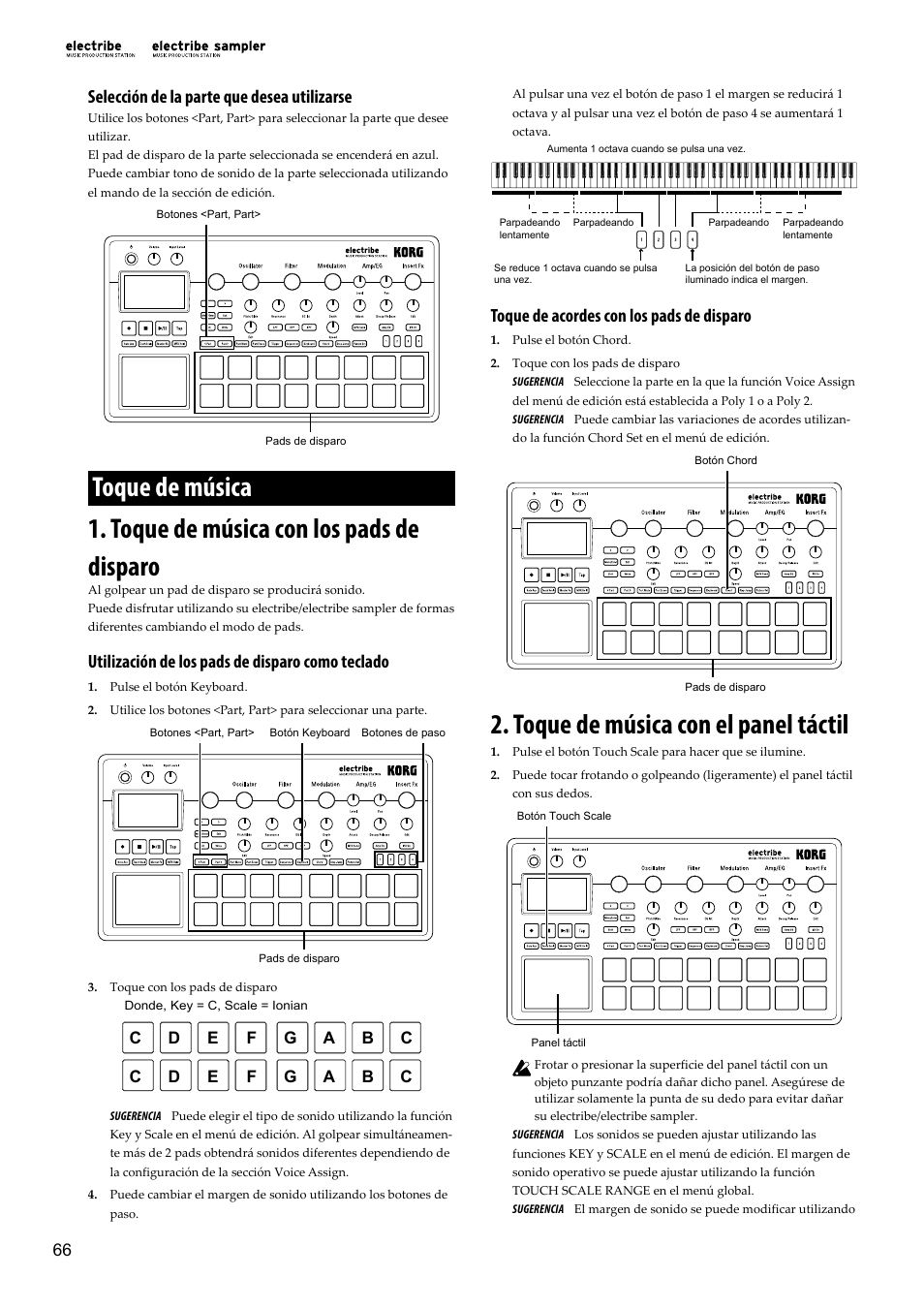 Toque de música, Toque de música con los pads de disparo, Toque de música con el panel táctil | Selección de la parte que desea utilizarse, Utilización de los pads de disparo como teclado, Toque de acordes con los pads de disparo | KORG Electribe Sampler Music Production Station with V2.0 Software (Red) User Manual | Page 66 / 112