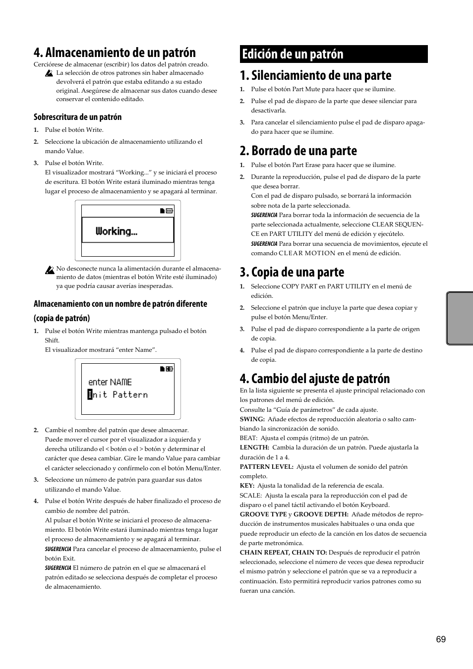 Almacenamiento de un patrón, Edición de un patrón, Silenciamiento de una parte | Borrado de una parte, Copia de una parte, Cambio del ajuste de patrón, Sobrescritura de un patrón | KORG Electribe Sampler Music Production Station with V2.0 Software (Red) User Manual | Page 69 / 112