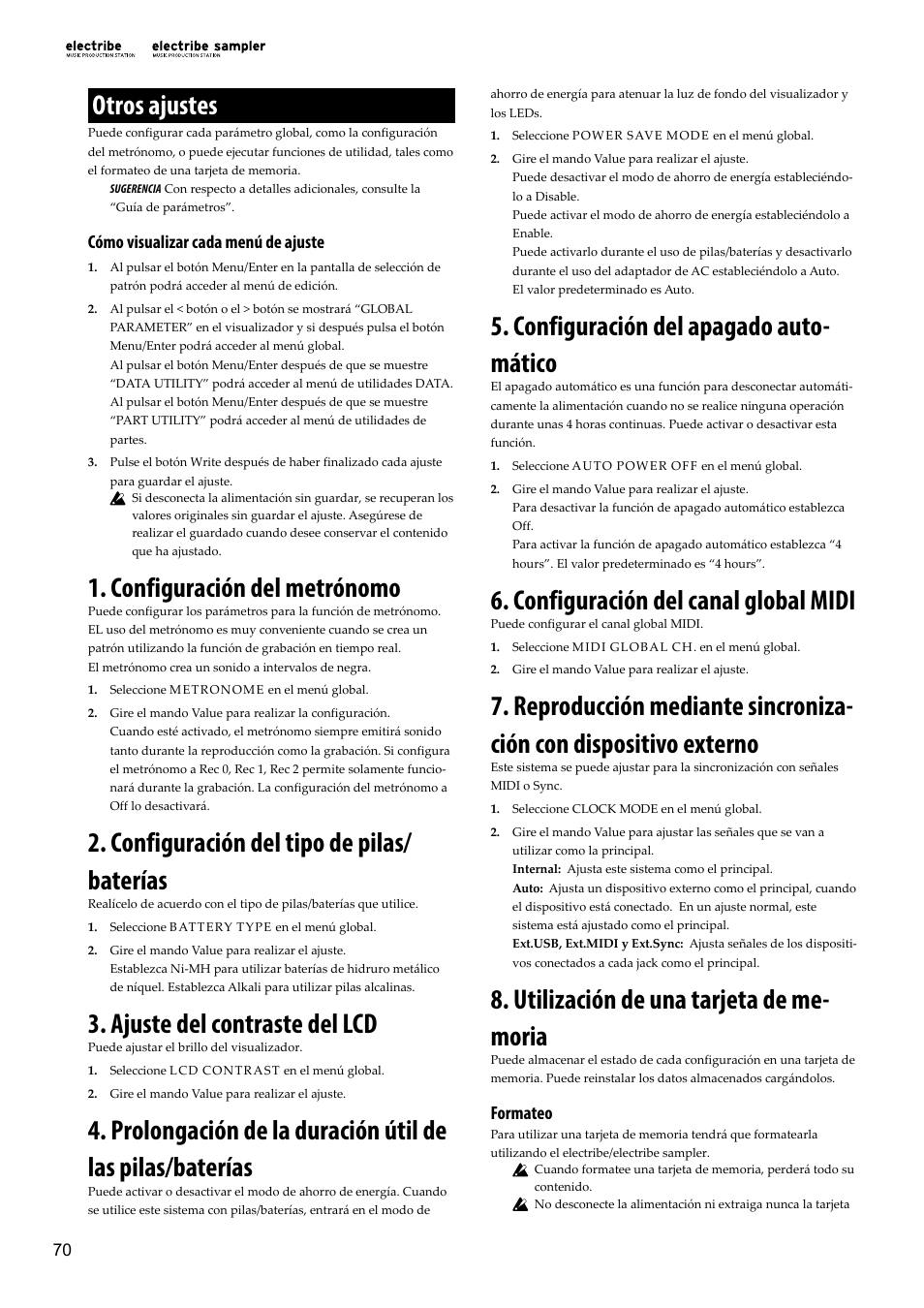 Otros ajustes, Configuración del metrónomo, Configuración del tipo de pilas/baterías | Ajuste del contraste del lcd, Configuración del apagado automático, Configuración del canal global midi, Utilización de una tarjeta de memoria, Configuración del tipo de pilas/ baterías, Configuración del apagado auto- mático, Utilización de una tarjeta de me- moria | KORG Electribe Sampler Music Production Station with V2.0 Software (Red) User Manual | Page 70 / 112