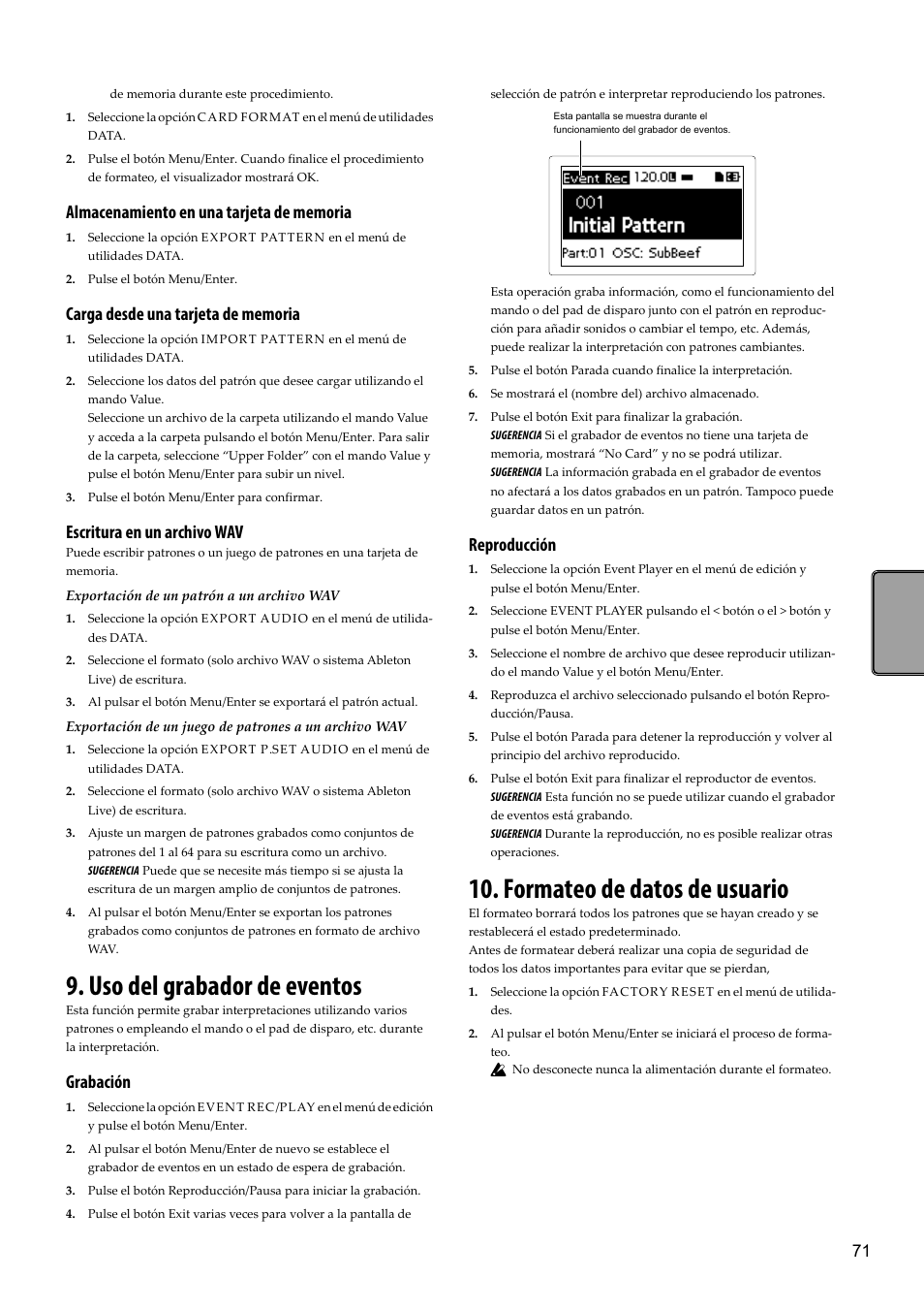 Uso del grabador de eventos, Formateo de datos de usuario, Escritura en un archivo wav | Grabación, Reproducción | KORG Electribe Sampler Music Production Station with V2.0 Software (Red) User Manual | Page 71 / 112