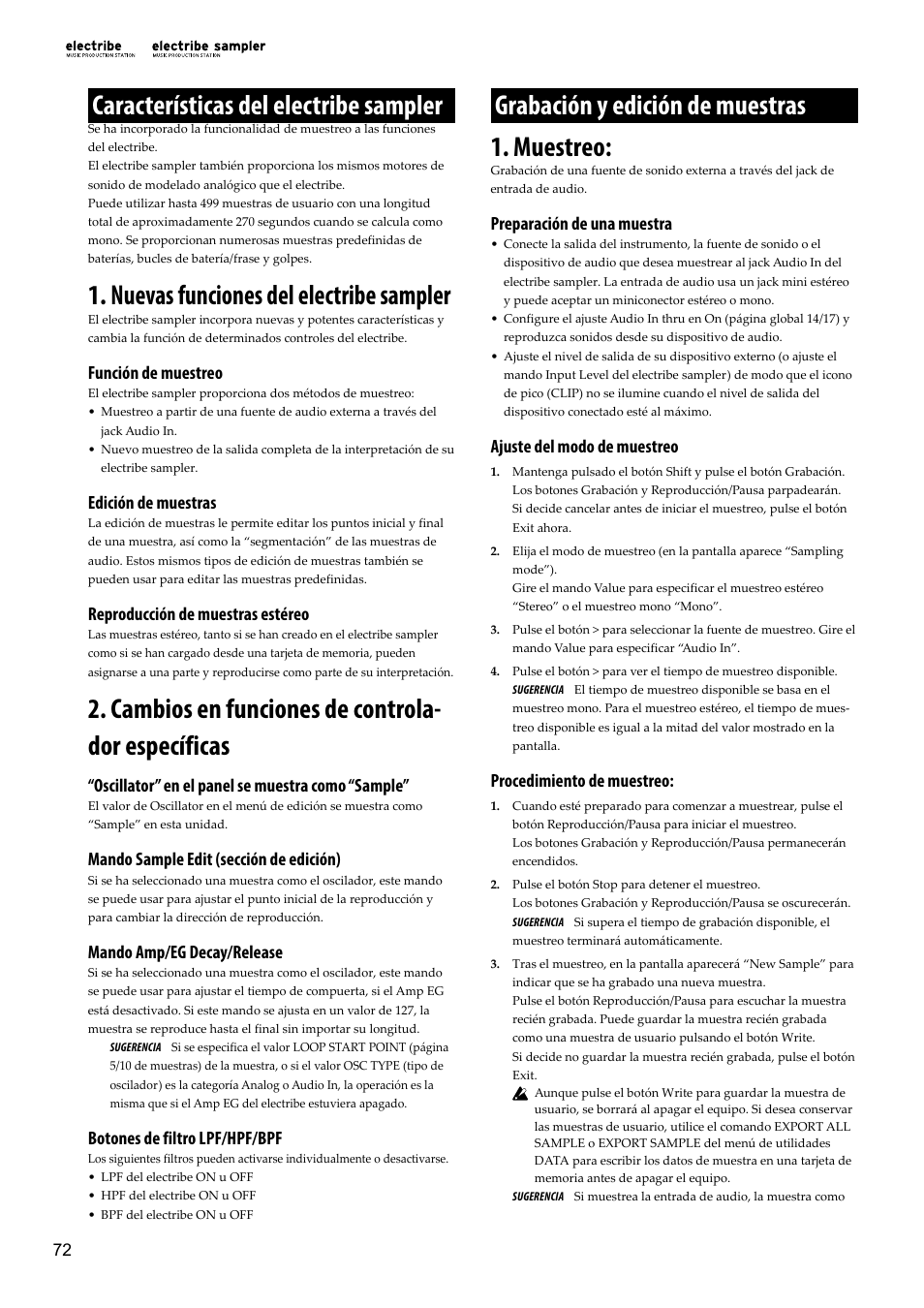 Características del electribe sampler, Nuevas funciones del electribe sampler, Cambios en funciones de controlador específicas | Grabación y edición de muestras, Muestreo, P. 72) y “grabación y, Edición de muestras, P. 72), Cambios en funciones de controla- dor específicas, Grabación y edición de muestras 1. muestreo | KORG Electribe Sampler Music Production Station with V2.0 Software (Red) User Manual | Page 72 / 112
