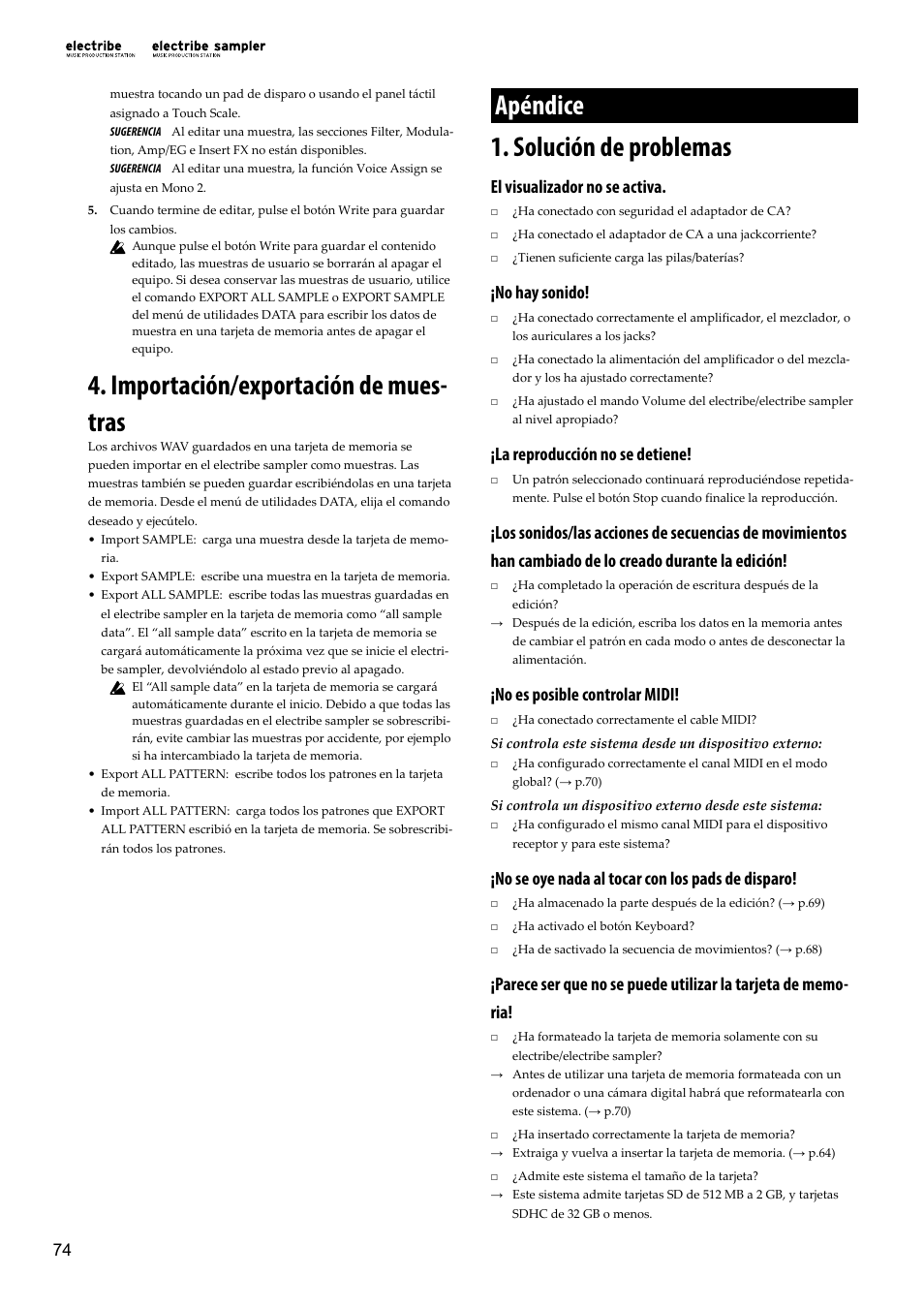 Importación/exportación de muestras, Apéndice, Solución de problemas | Importación/exportación de mues- tras, Apéndice 1. solución de problemas, El visualizador no se activa, No hay sonido, La reproducción no se detiene, No es posible controlar midi, No se oye nada al tocar con los pads de disparo | KORG Electribe Sampler Music Production Station with V2.0 Software (Red) User Manual | Page 74 / 112