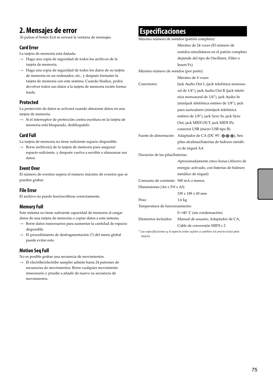 Mensajes de error, Especificaciones, Card error | Protected, Card full, Event over, File error, Motion seq full | KORG Electribe Sampler Music Production Station with V2.0 Software (Red) User Manual | Page 75 / 112