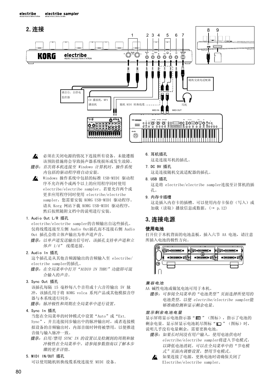 连接电源, 使用电池 | KORG Electribe Sampler Music Production Station with V2.0 Software (Red) User Manual | Page 80 / 112
