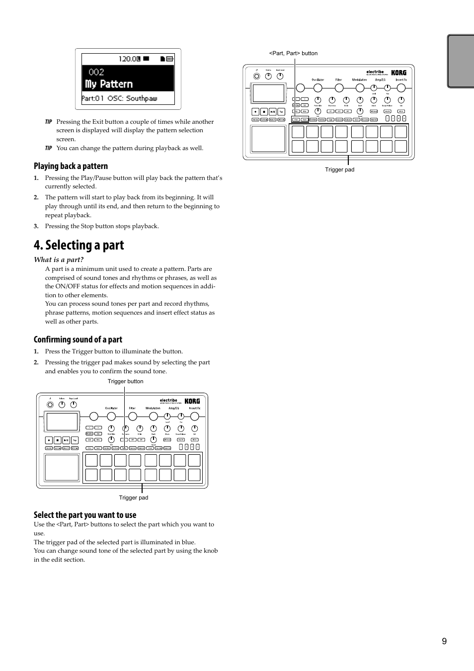 Selecting a part, Playing back a pattern, Confirming sound of a part | Select the part you want to use | KORG Electribe Sampler Music Production Station with V2.0 Software (Red) User Manual | Page 9 / 112