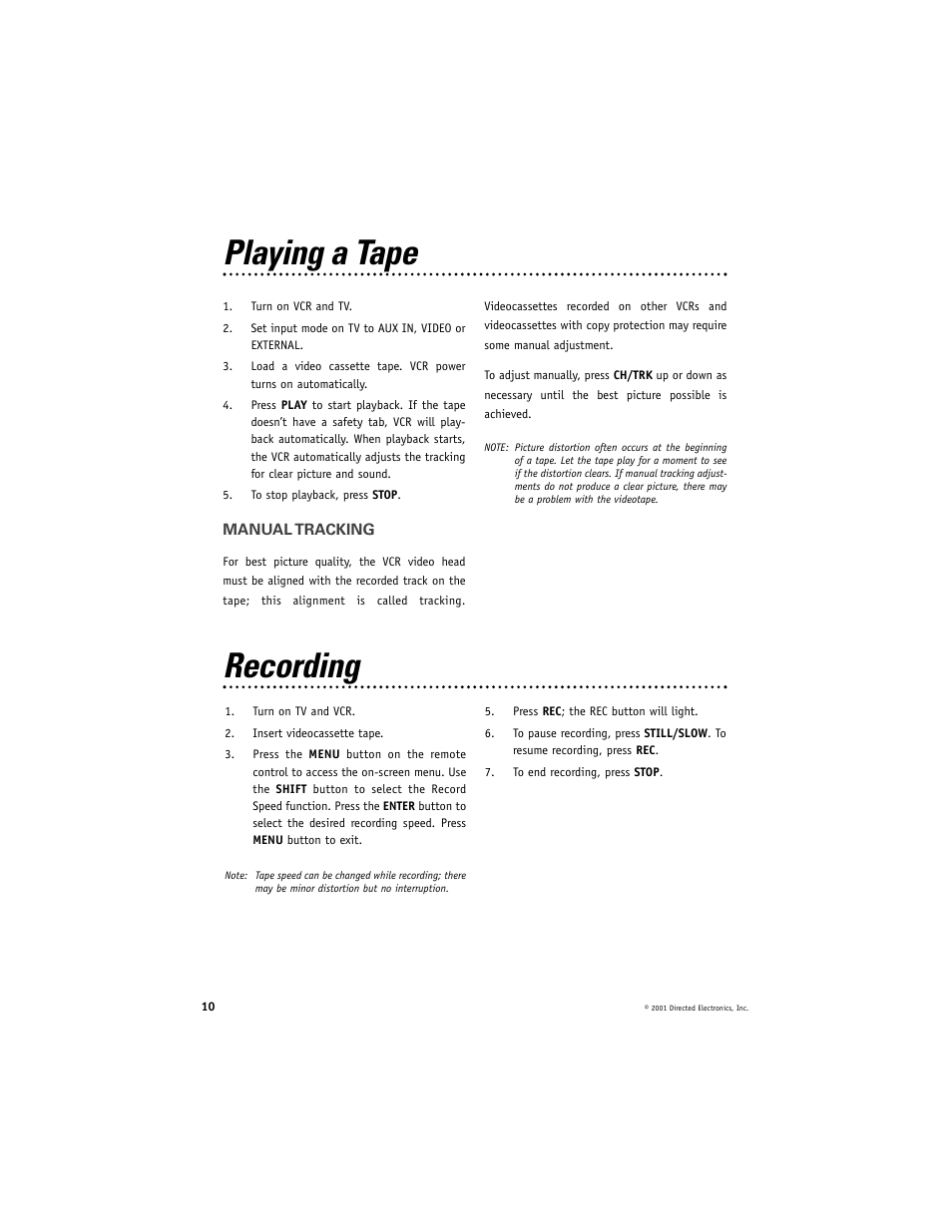 Playing a tape, Recording | Directed Electronics VC2010 User Manual | Page 10 / 16