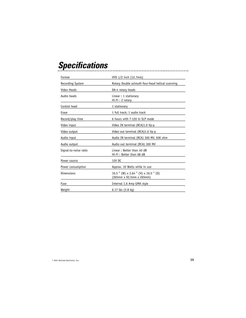 Specifications | Directed Electronics VC2010 User Manual | Page 15 / 16