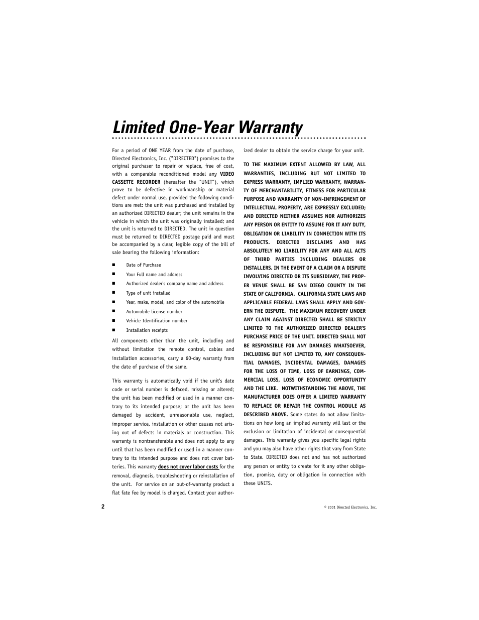 Limited one-year warranty | Directed Electronics VC2010 User Manual | Page 2 / 16