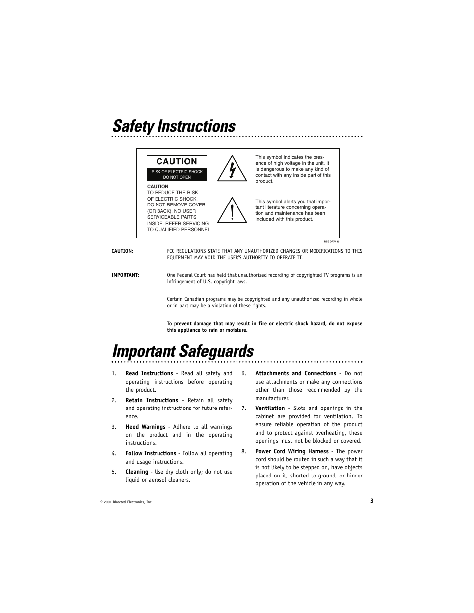 Safety instructions, Important safeguards | Directed Electronics VC2010 User Manual | Page 3 / 16