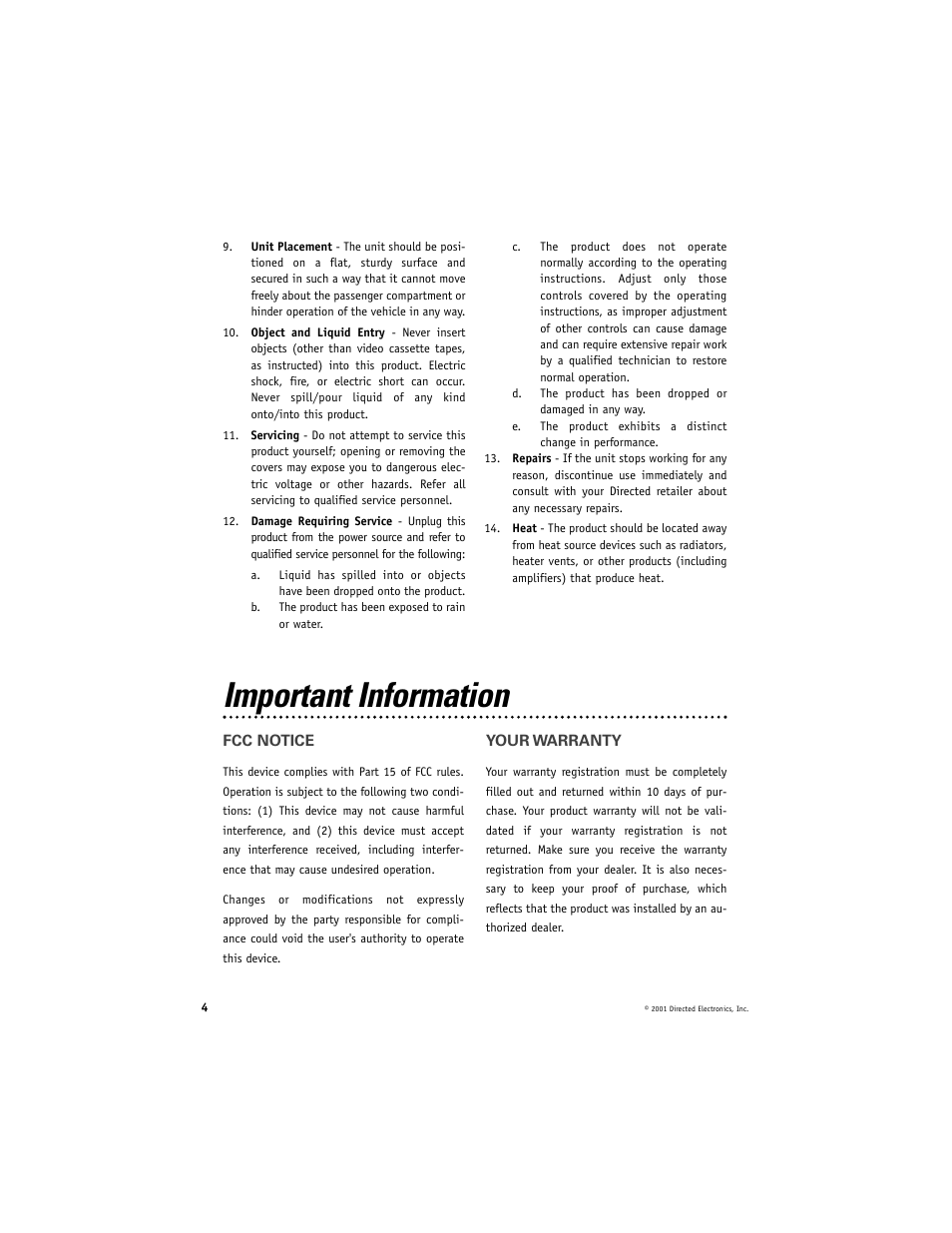 Important information | Directed Electronics VC2010 User Manual | Page 4 / 16