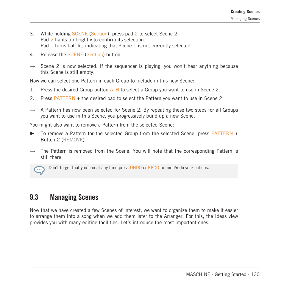 Managing scenes, 3 managing scenes | Native Instruments MASCHINE MK3 Groove Production Studio (Black) User Manual | Page 130 / 209