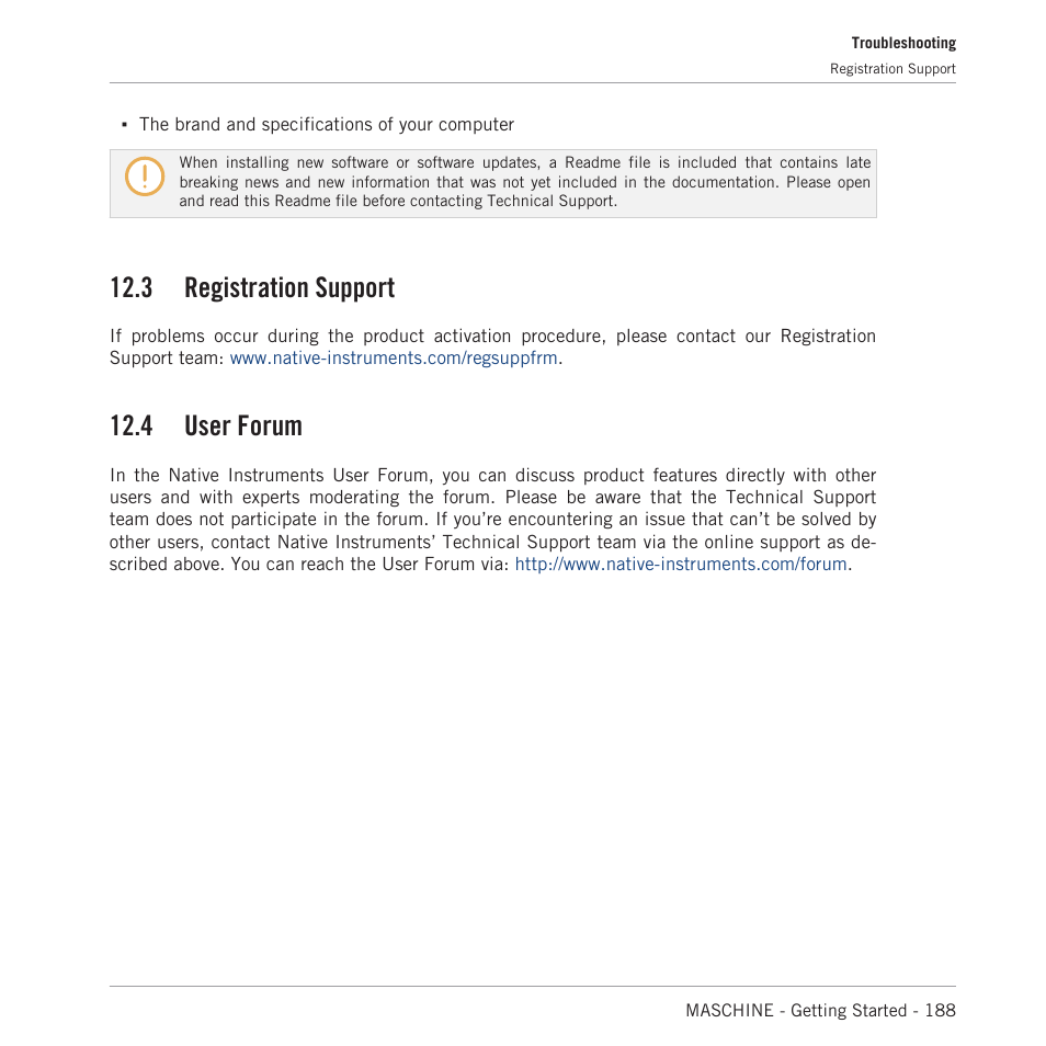 Registration support, User forum, 3 registration support | 4 user forum | Native Instruments MASCHINE MK3 Groove Production Studio (Black) User Manual | Page 188 / 209