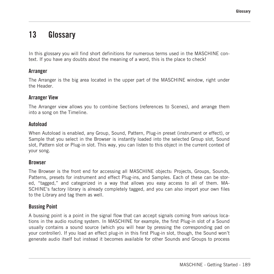 Glossary, 13 glossary, 13, glossary | Native Instruments MASCHINE MK3 Groove Production Studio (Black) User Manual | Page 189 / 209